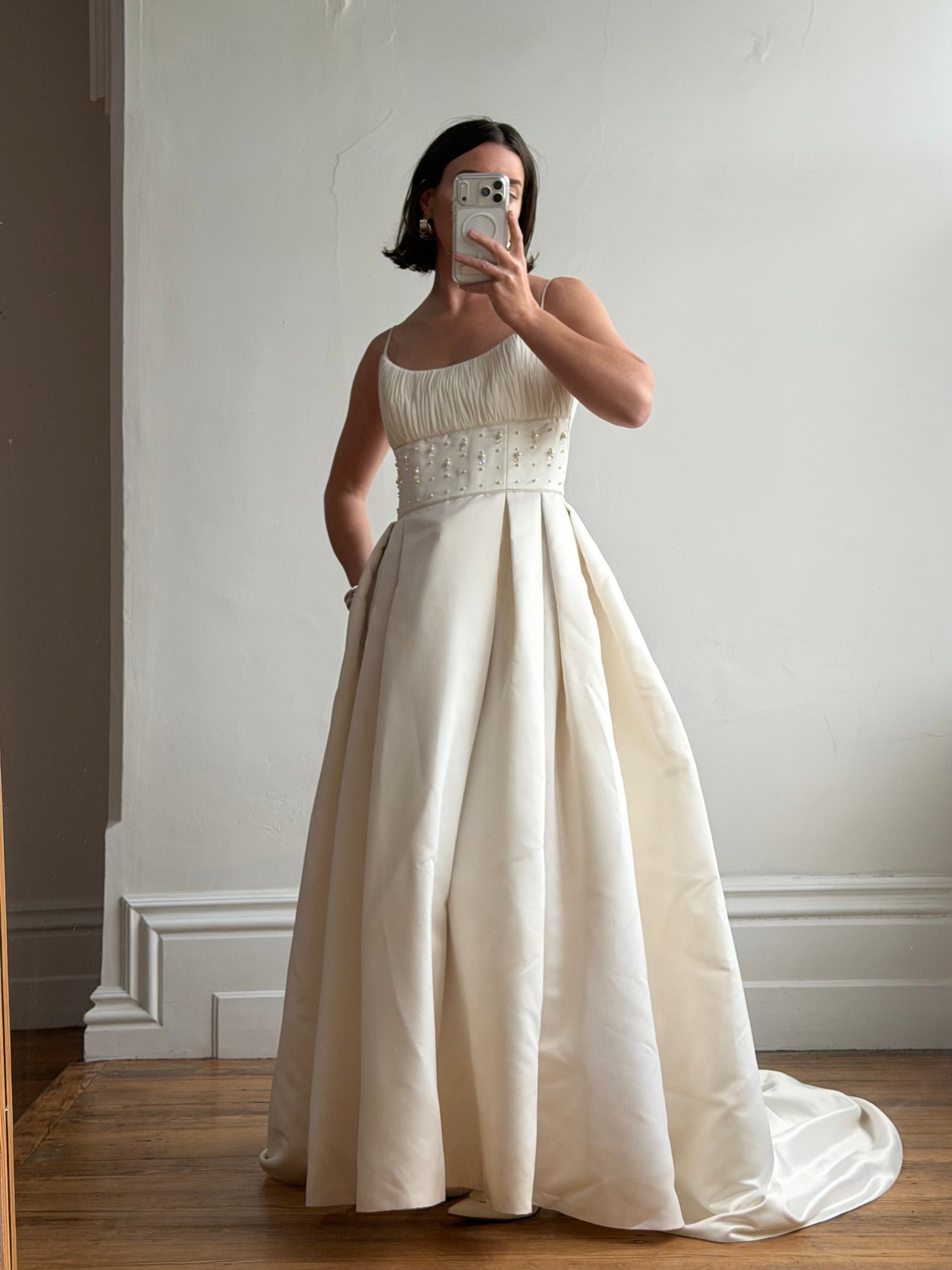 Vintage 90s Crystal Gathered Princess Satin Wedding Gown