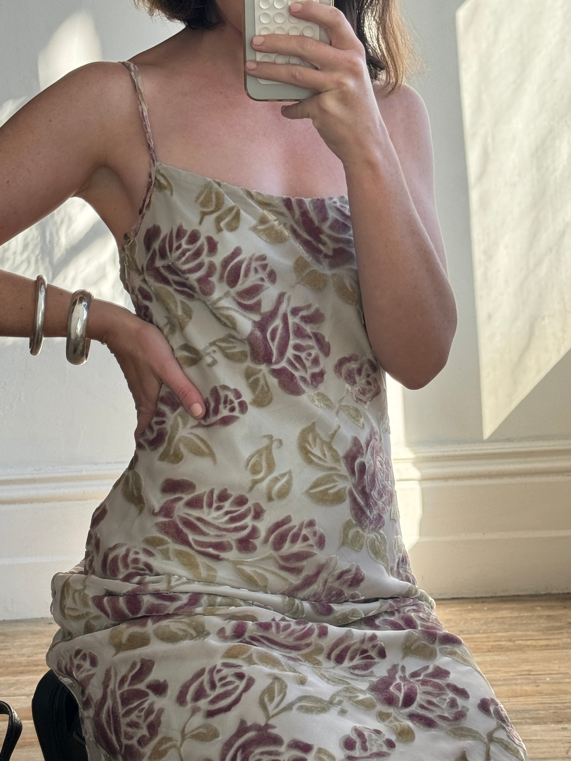 Vintage 90s Burnt Velvet Bias Cut Slip Dress Olive