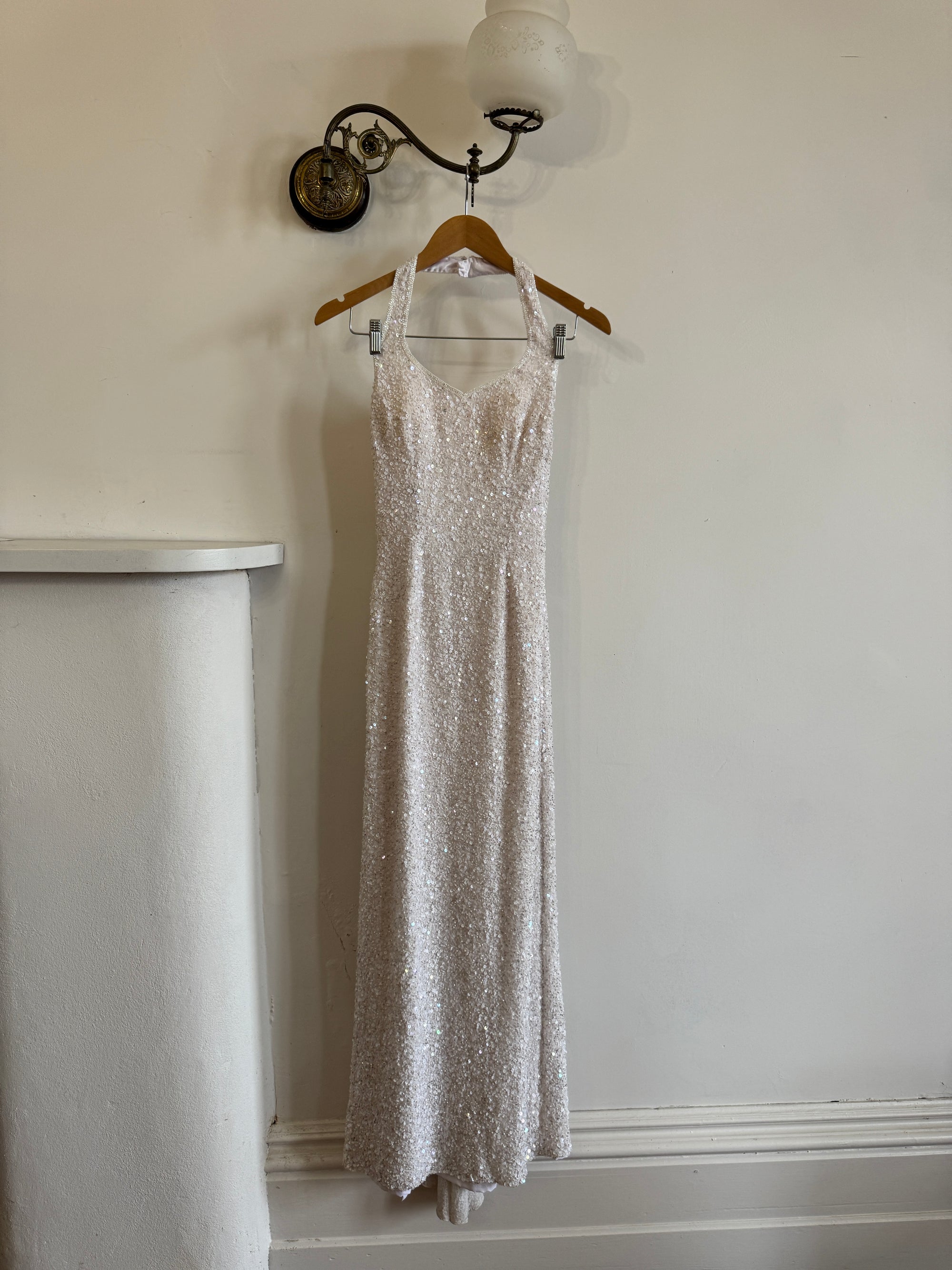 Vintage 90s Sequin Embellished Halter Bodycon Midi Dress White