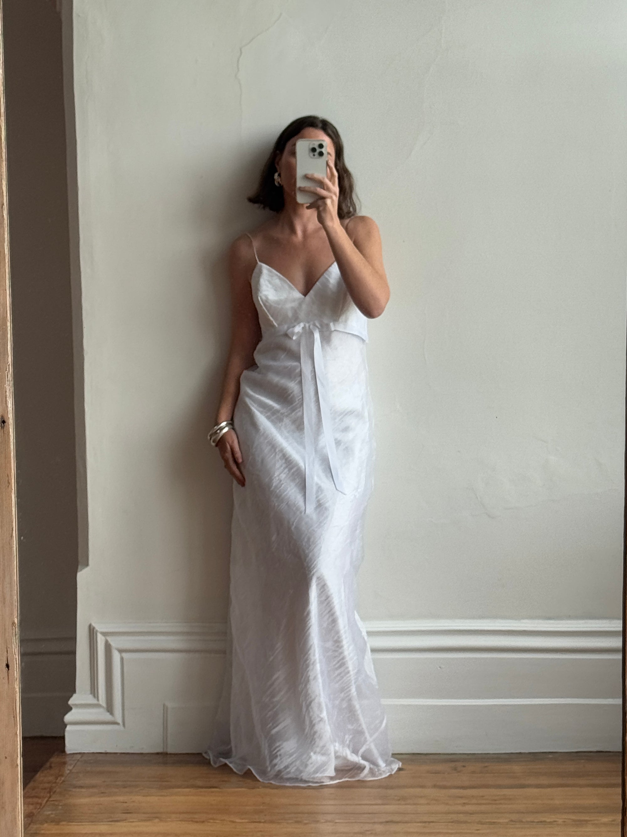Vintage 90s Crinkle Organza Slip Wedding Dress with Bow White