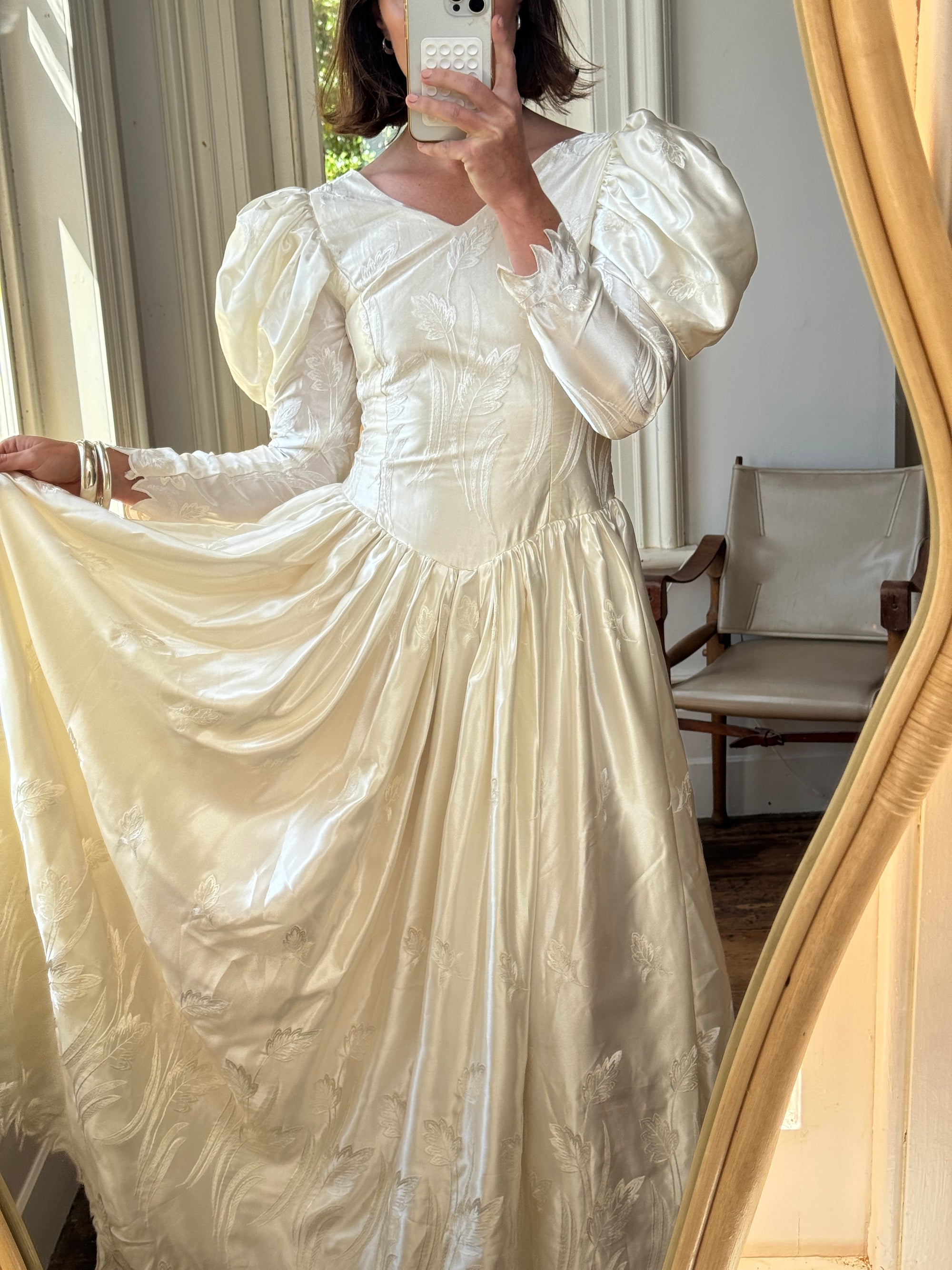 Vintage 80s Puff Sleeve Vine Satin Wedding Gown