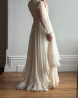 Vintage 70s Chiffon Rosette Wedding Dress Creme