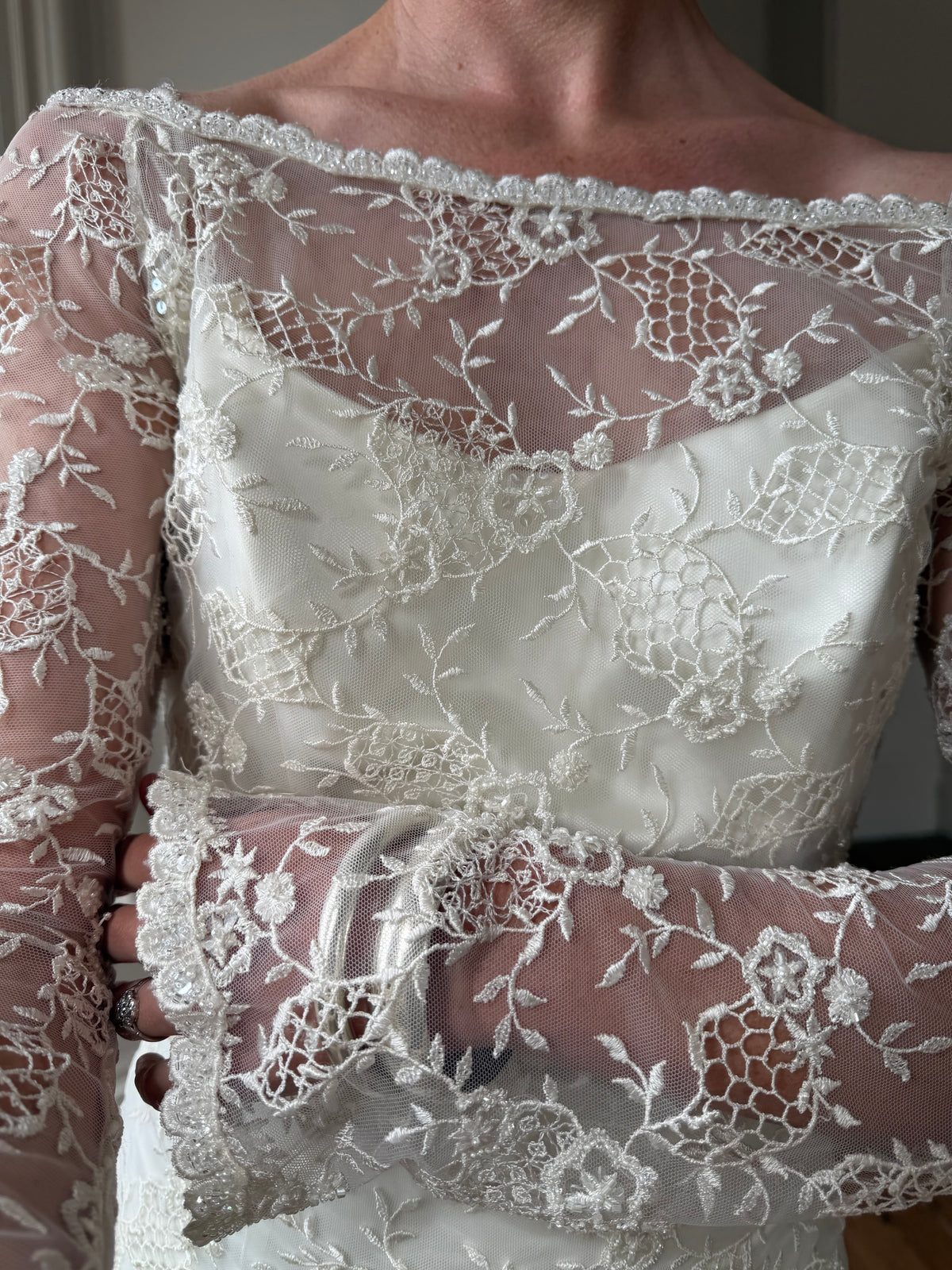 Vintage 90s Italian Beaded Lace and Satin Wedding Gown