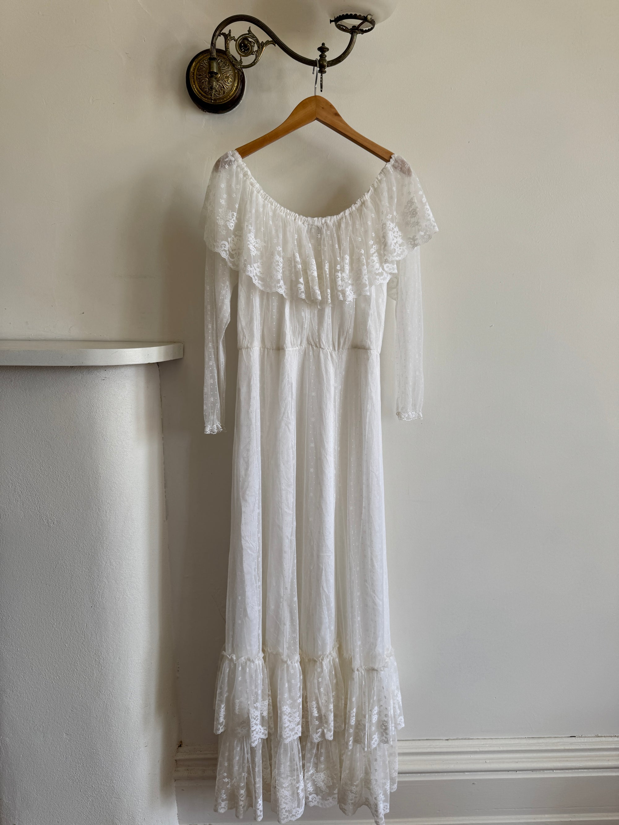 Vintage 70s Australian Made Off Lace Frill Wedding Gown