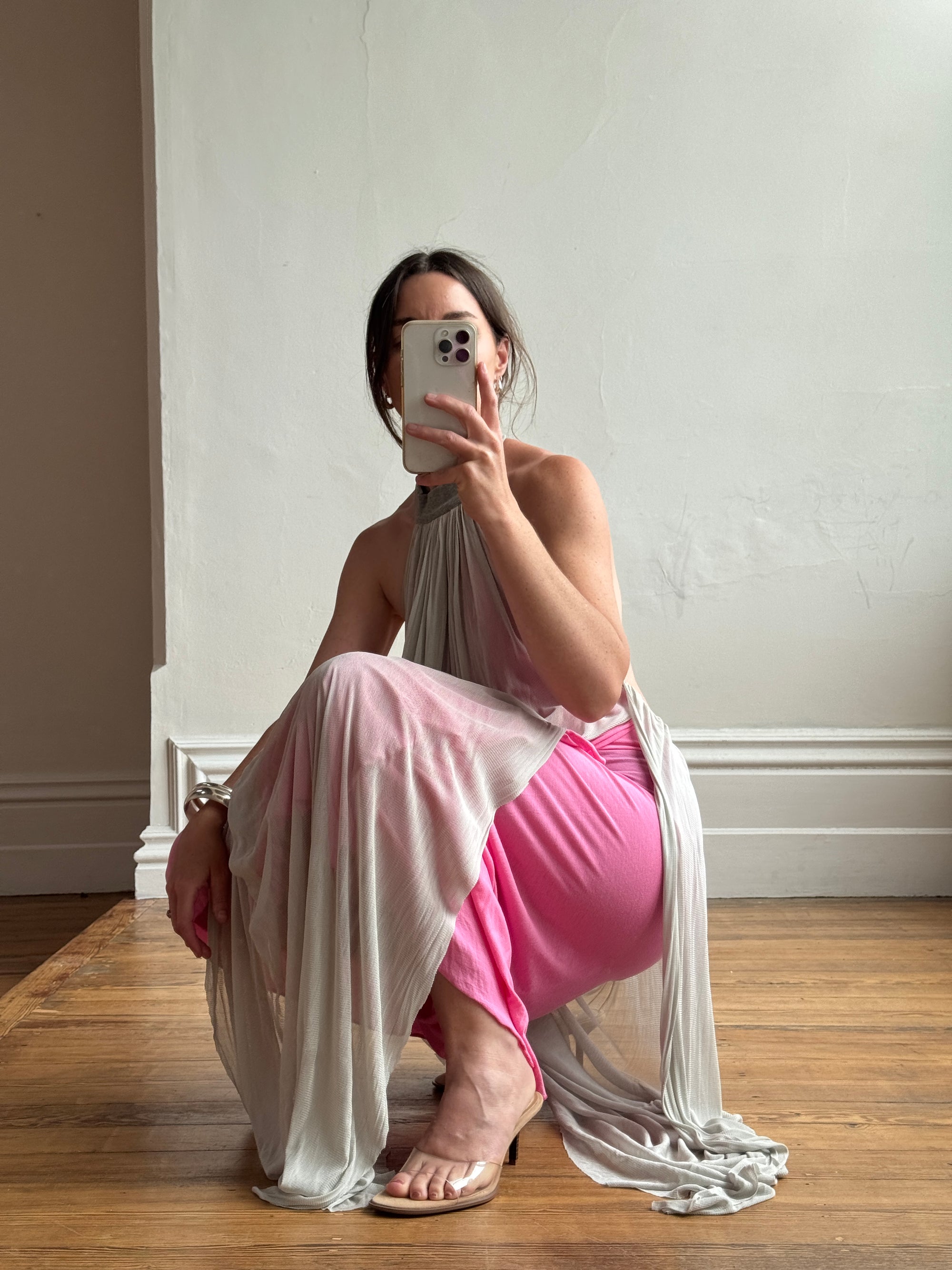 Vintage Y2K Mesh Silk Halter Dress Hot Pink