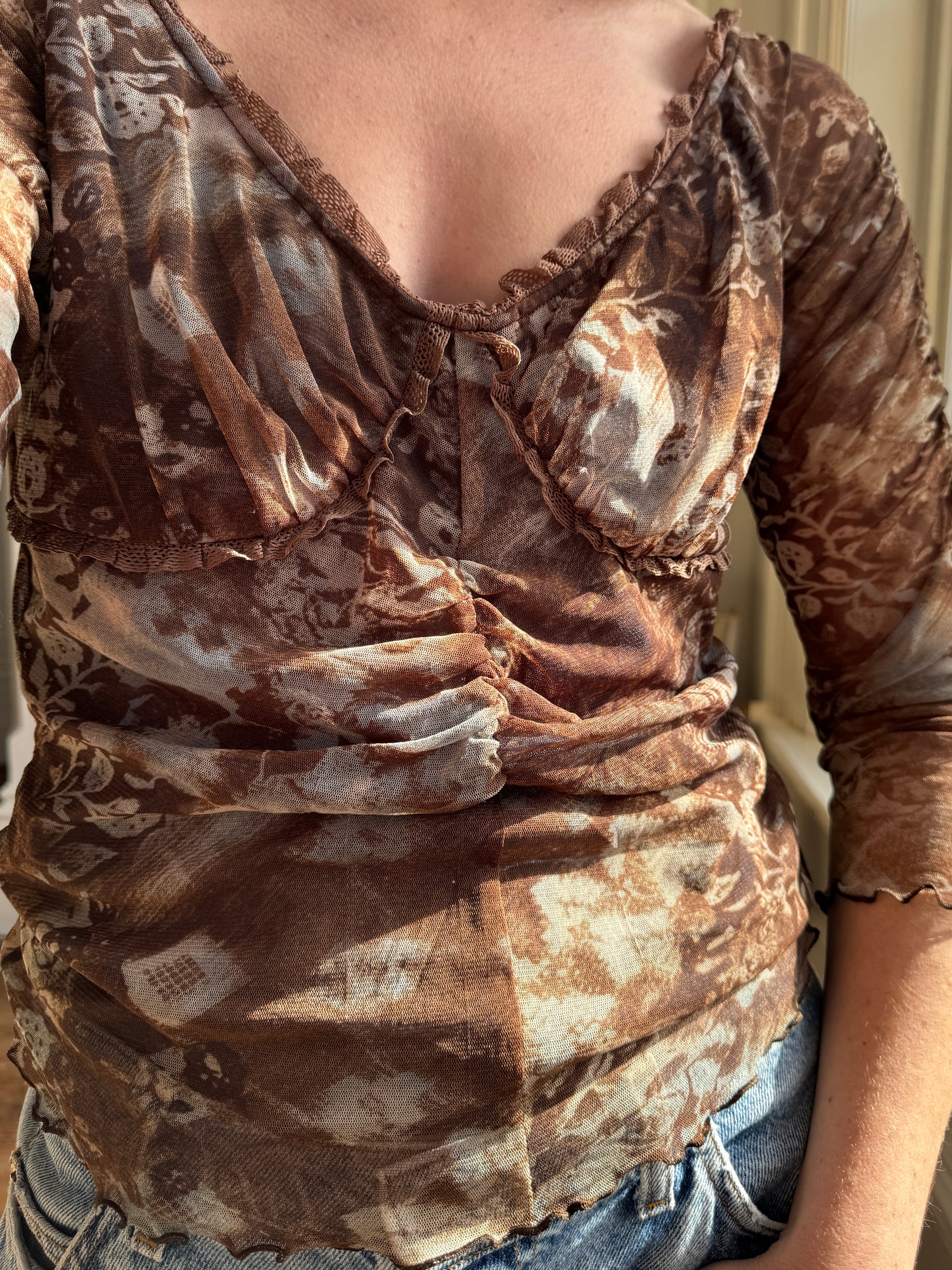 Vintage Y2K Ruched Brown Lettuce Hem Top