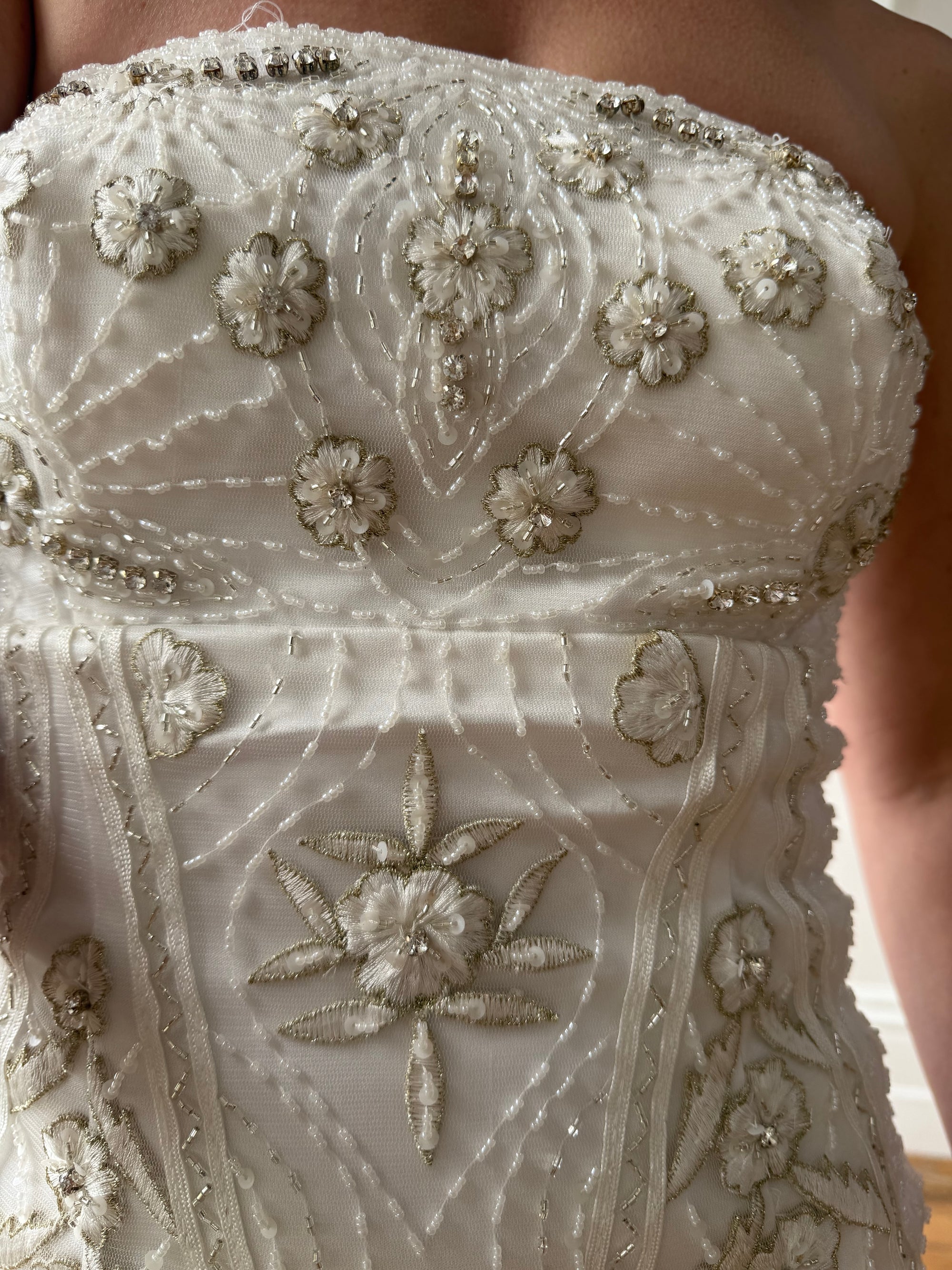 Vintage 90s Strapless Embellished Ruffled Wedding Gown
