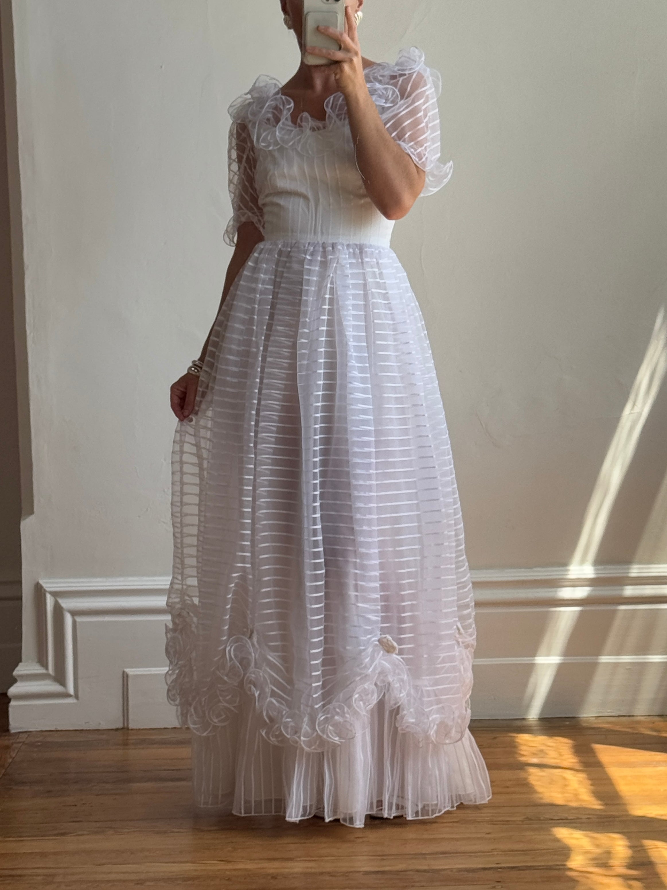Vintage 70s Organza Sheer Stripe Wedding Dress