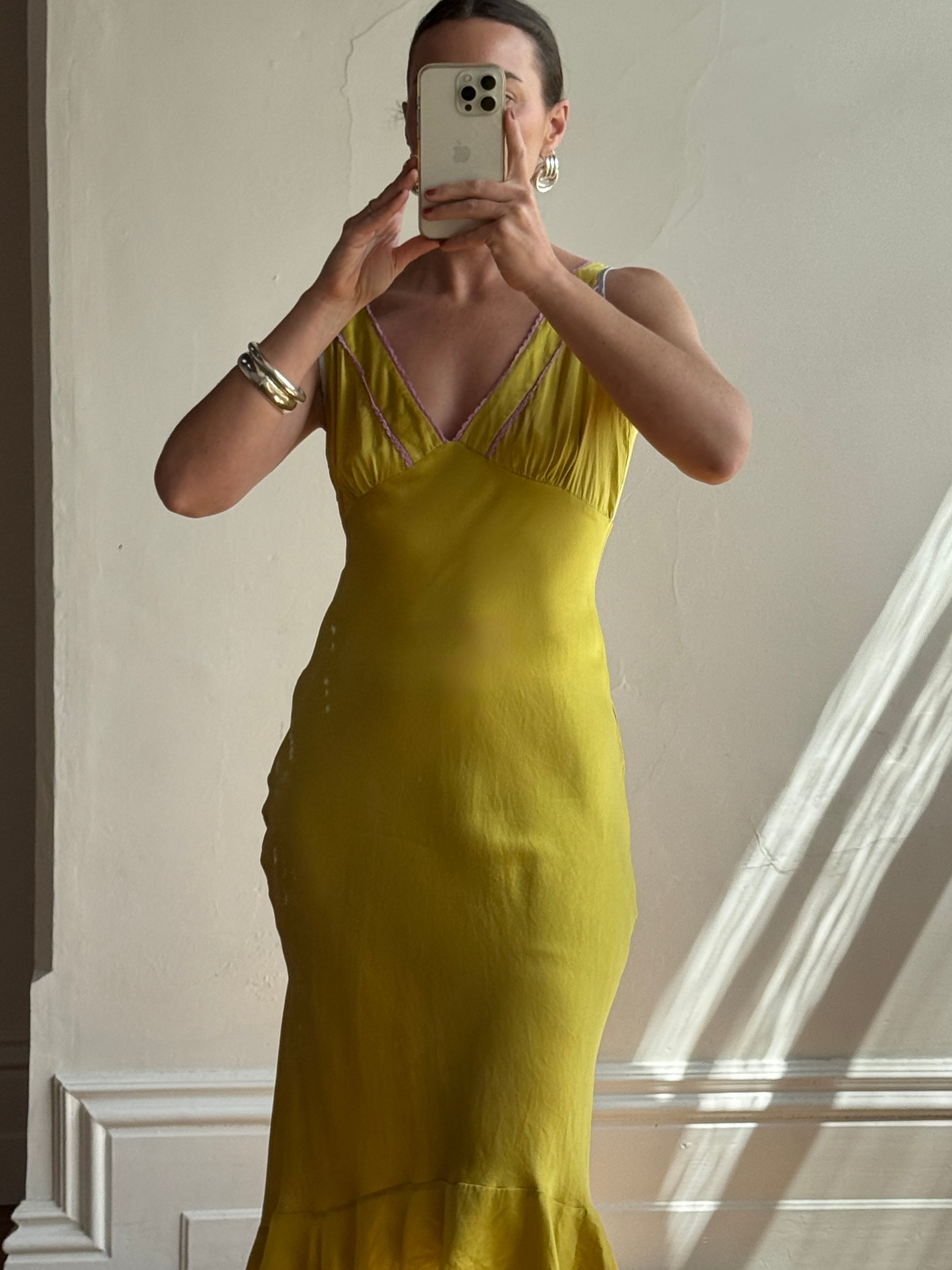 Vintage 90s Pure Silk Bias Midi Dress Chartreuse Multi