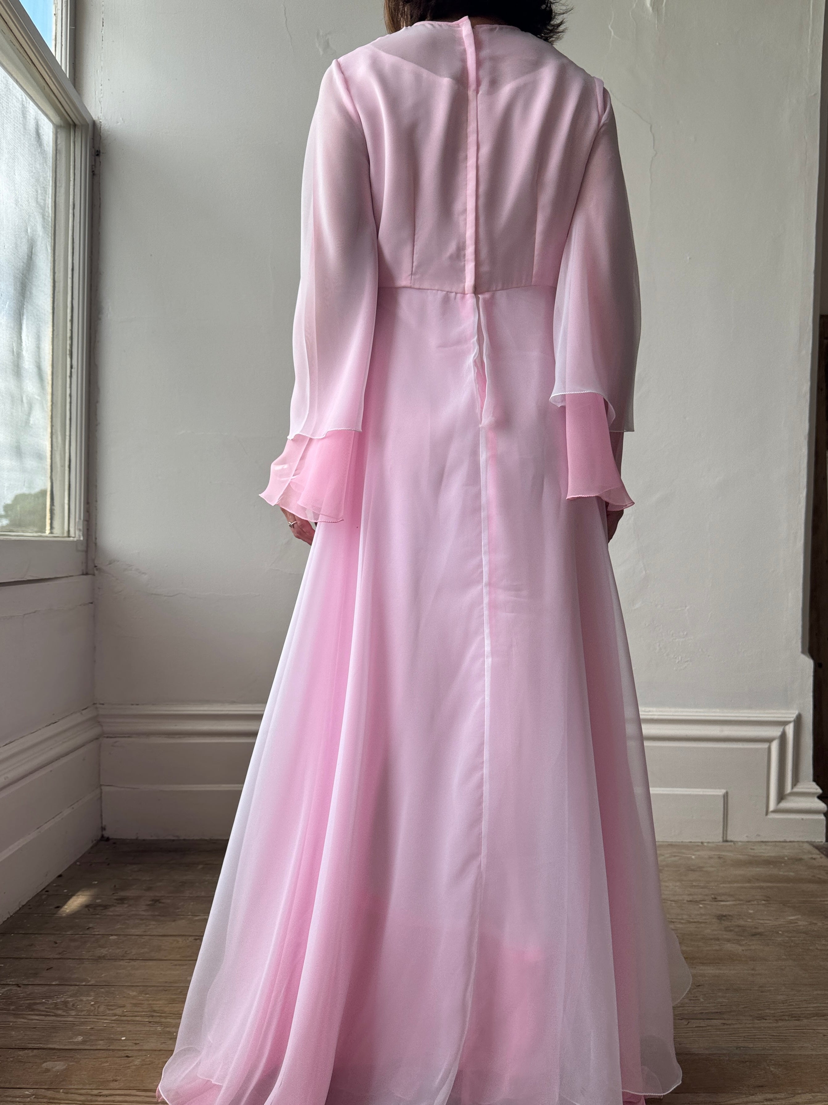 Vintage 70s Pink Tiered Waterfall Gown