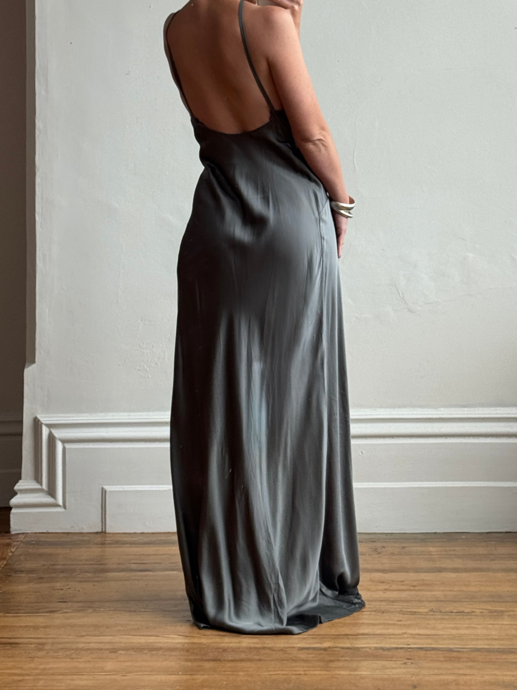 Vintage 90s Slinky Halter Bias Slip Gown Gunmetal