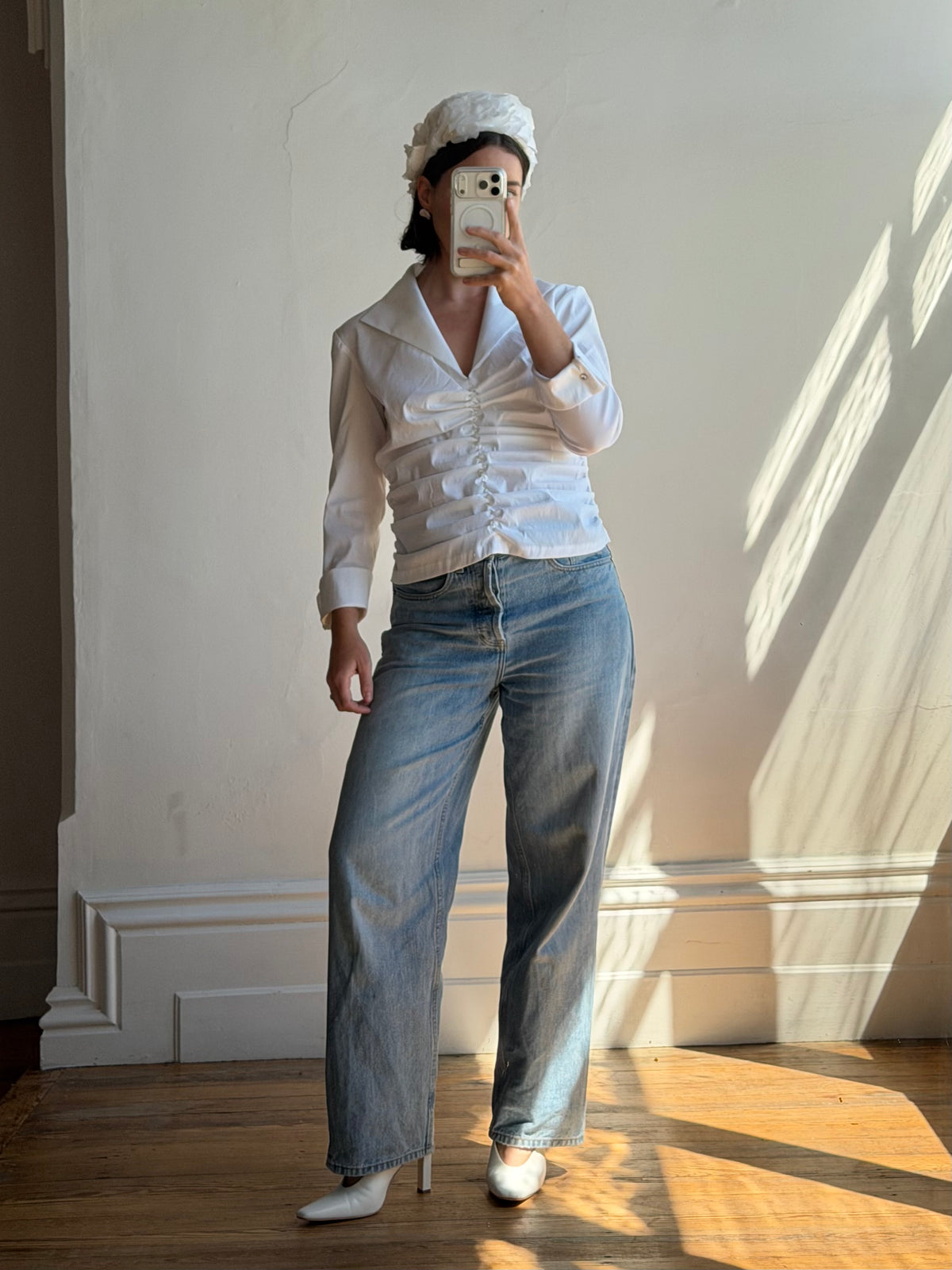Vintage 90s Structured Collar Gathered Blouse Crisp White