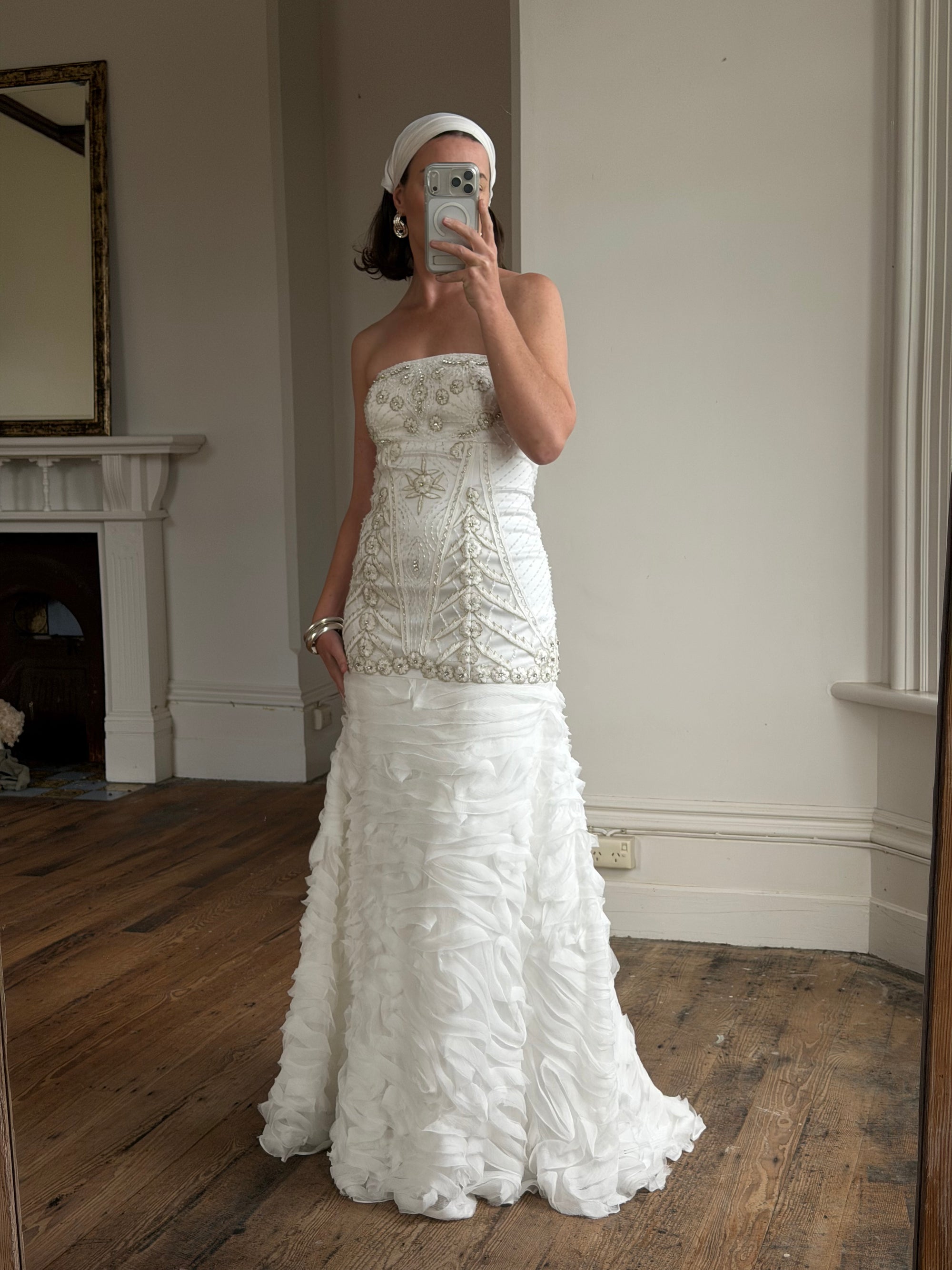Vintage 90s Strapless Embellished Ruffled Wedding Gown