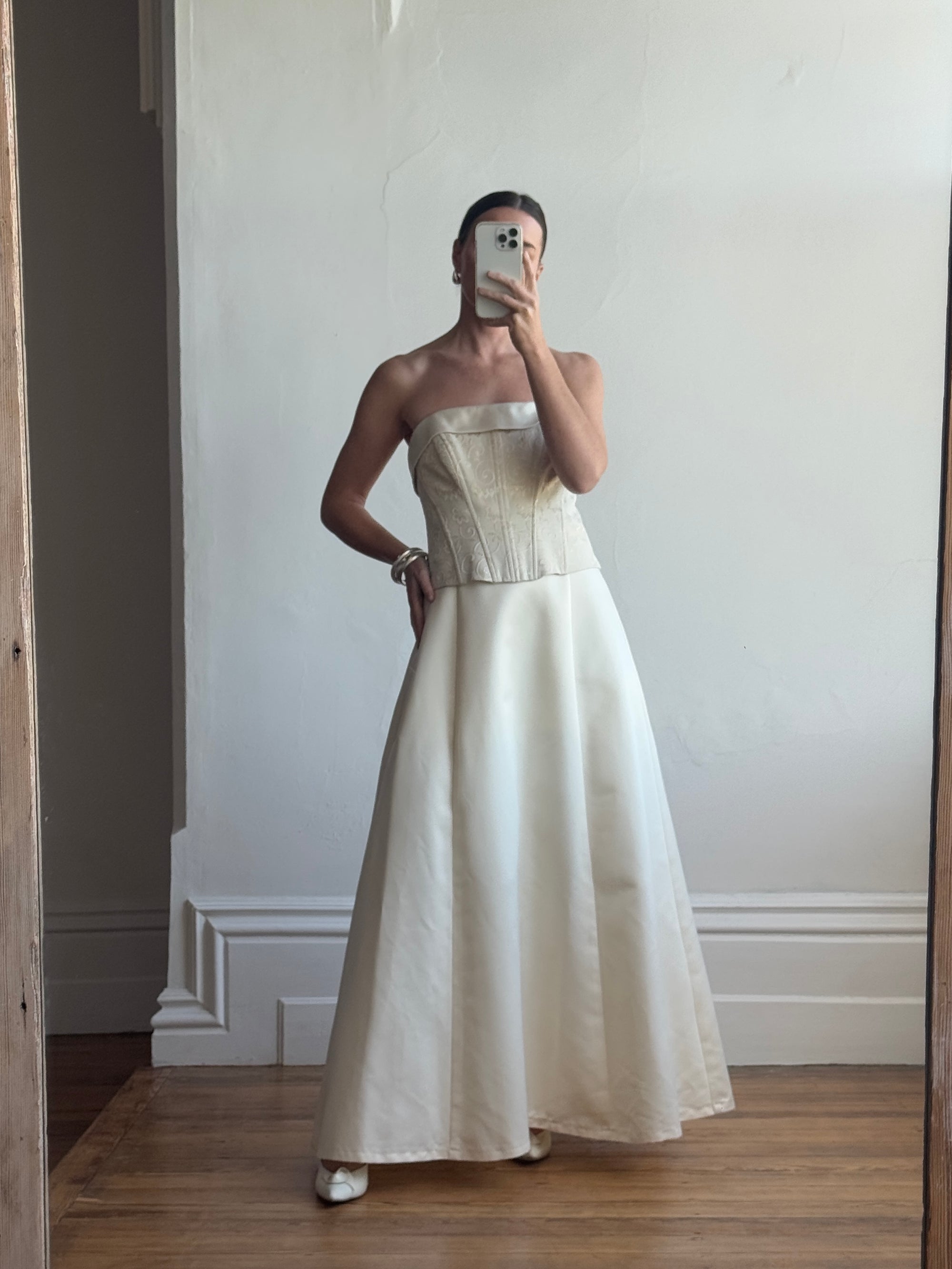Vintage 90s Light Golden Brocade Strapless Satin Wedding Dress