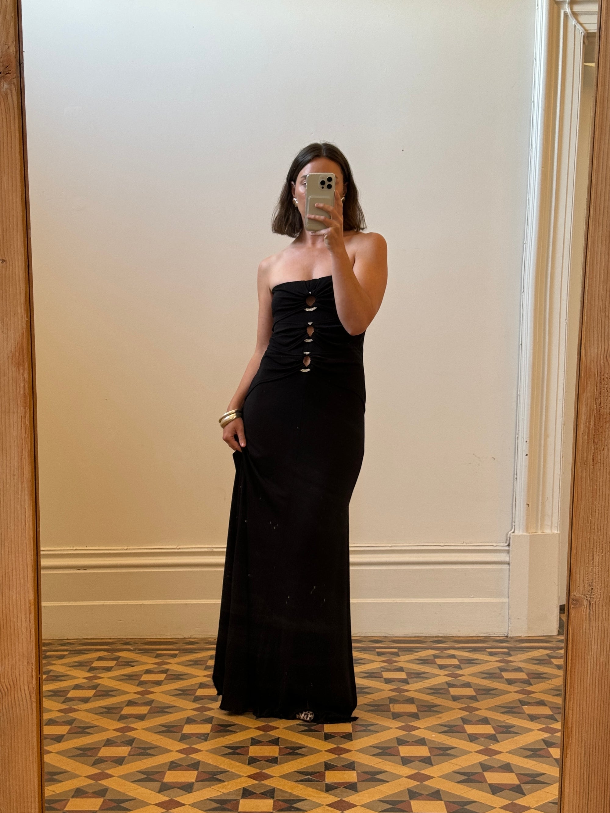 Vintage 90s Strapless Jersey Maxi Dress With Rhinestone Loops