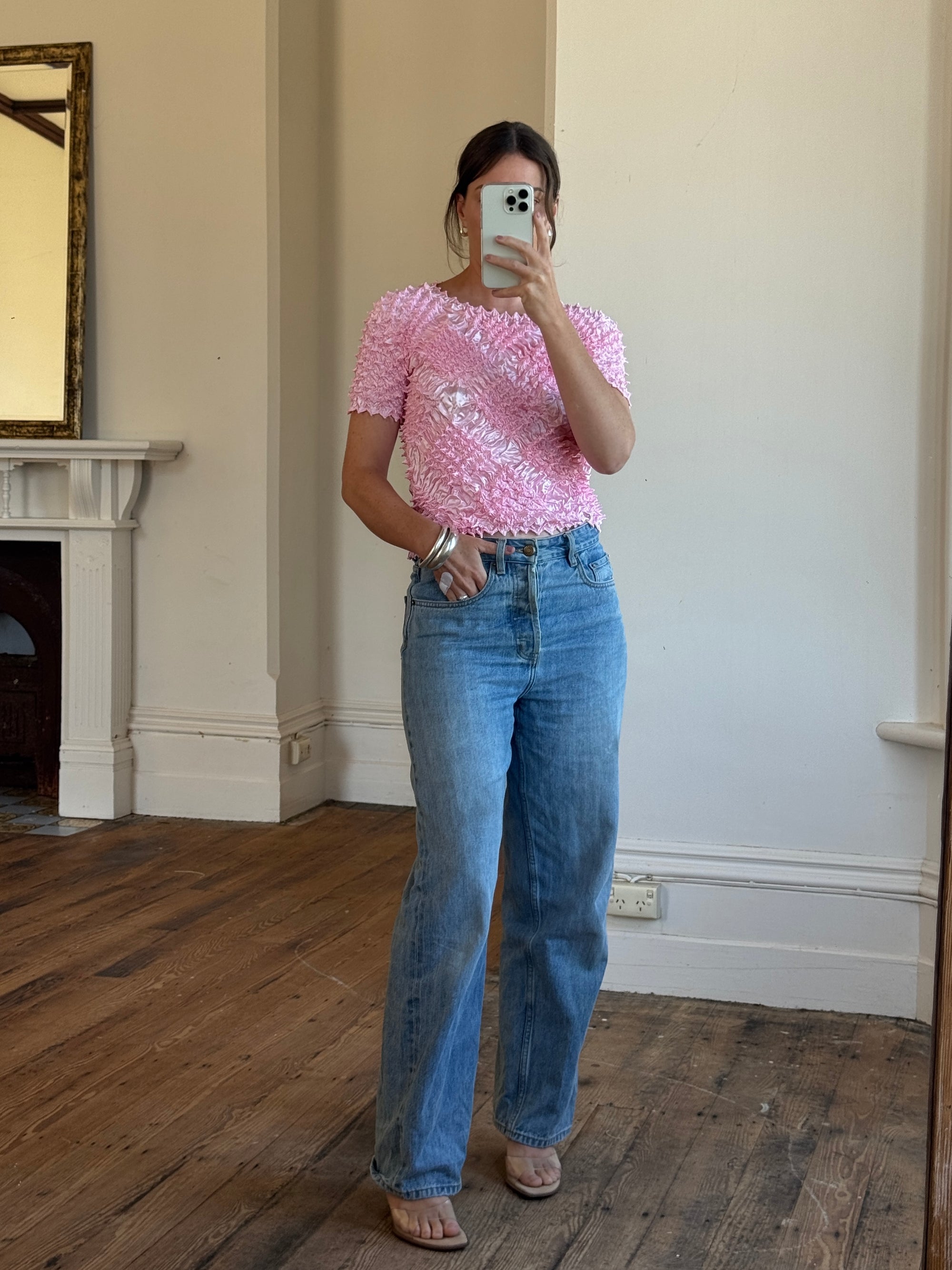 Vintages 90s Crinkle Stretch Top Candy Pink