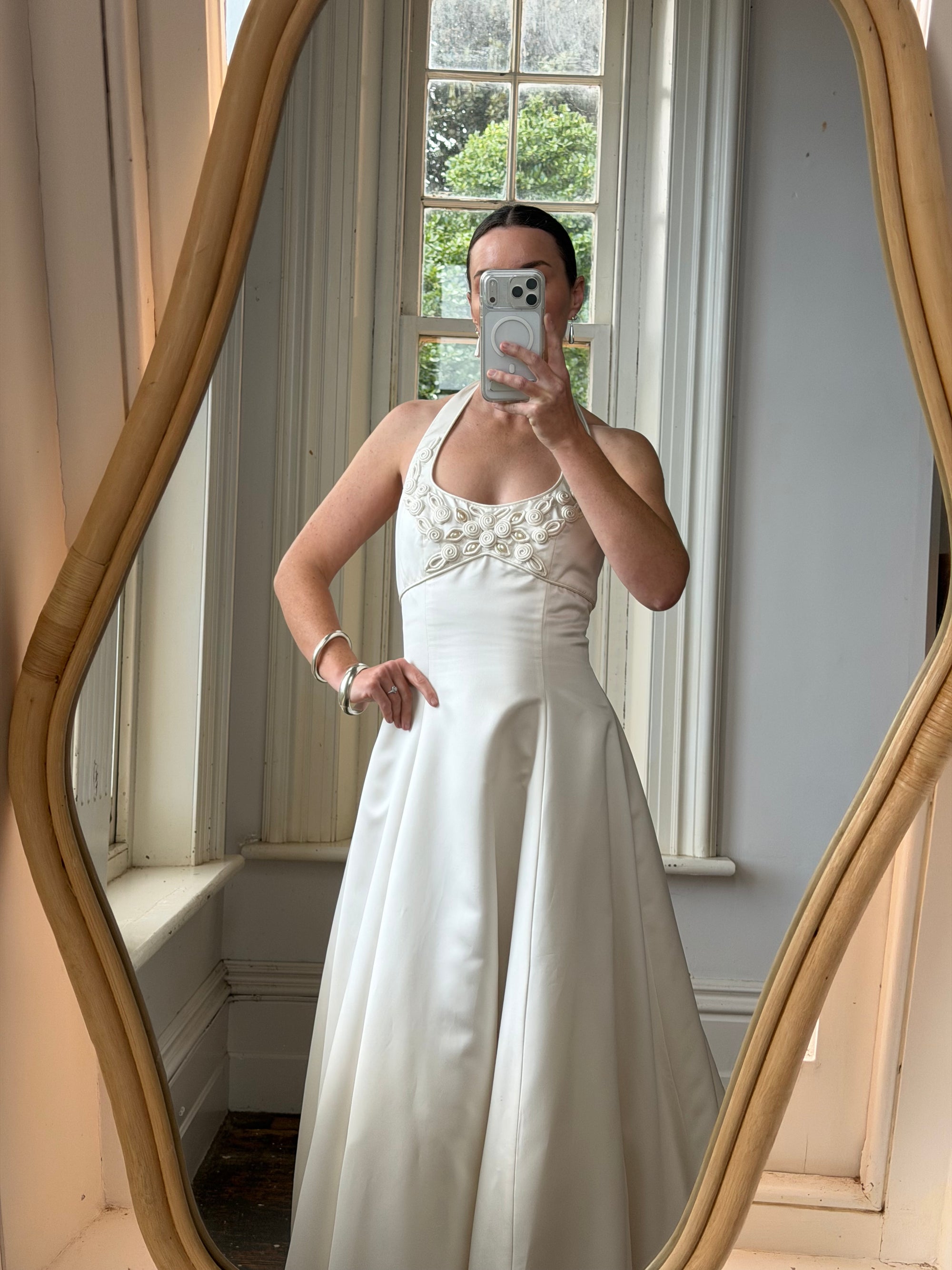 Vintage 90s Ivory Beaded Halter Bridal Ballgown