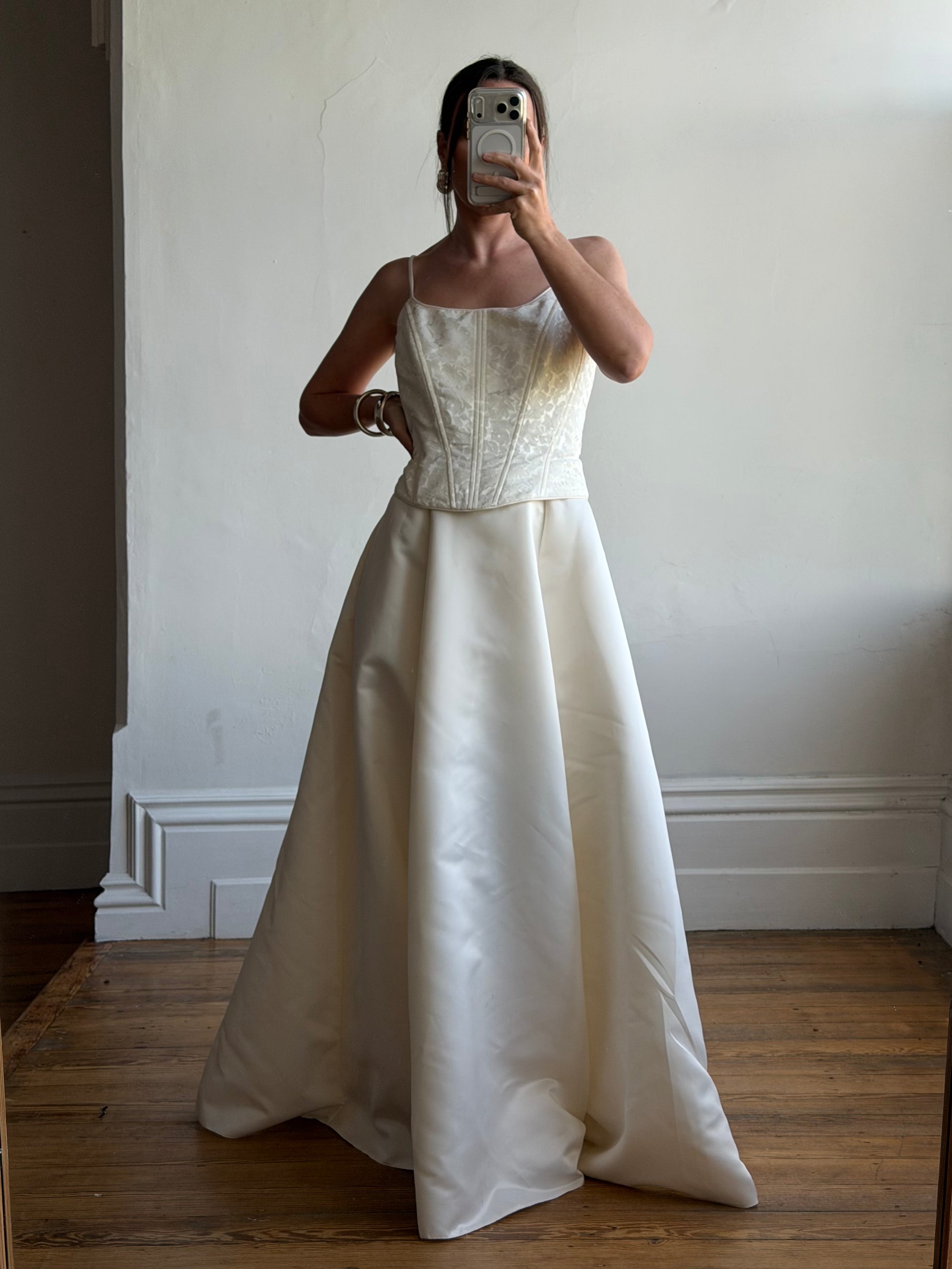 Vintage 90s Brocade Corset Satin Bridal Gown Champagne