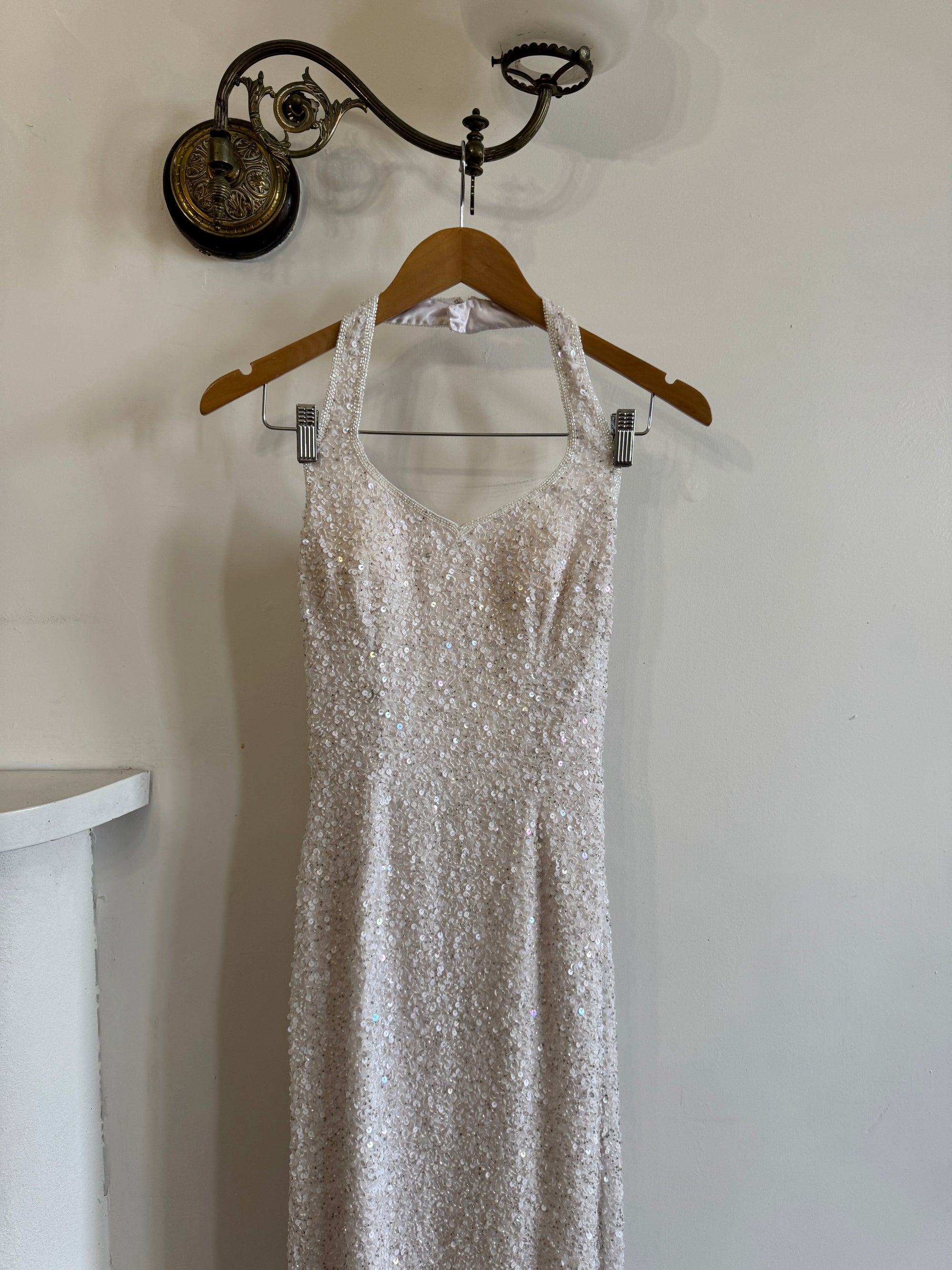 Vintage 90s Sequin Embellished Halter Bodycon Midi Dress White