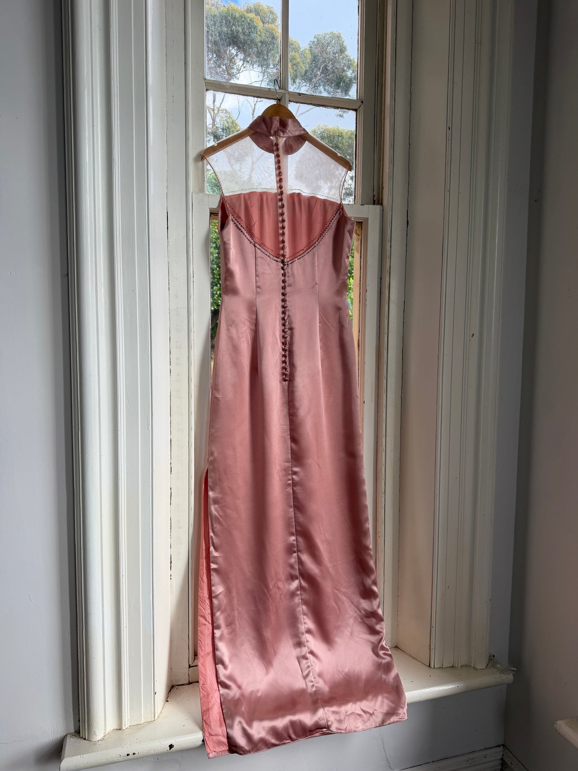 Vintage 90s Dusty Rose Satin High Neck Dress