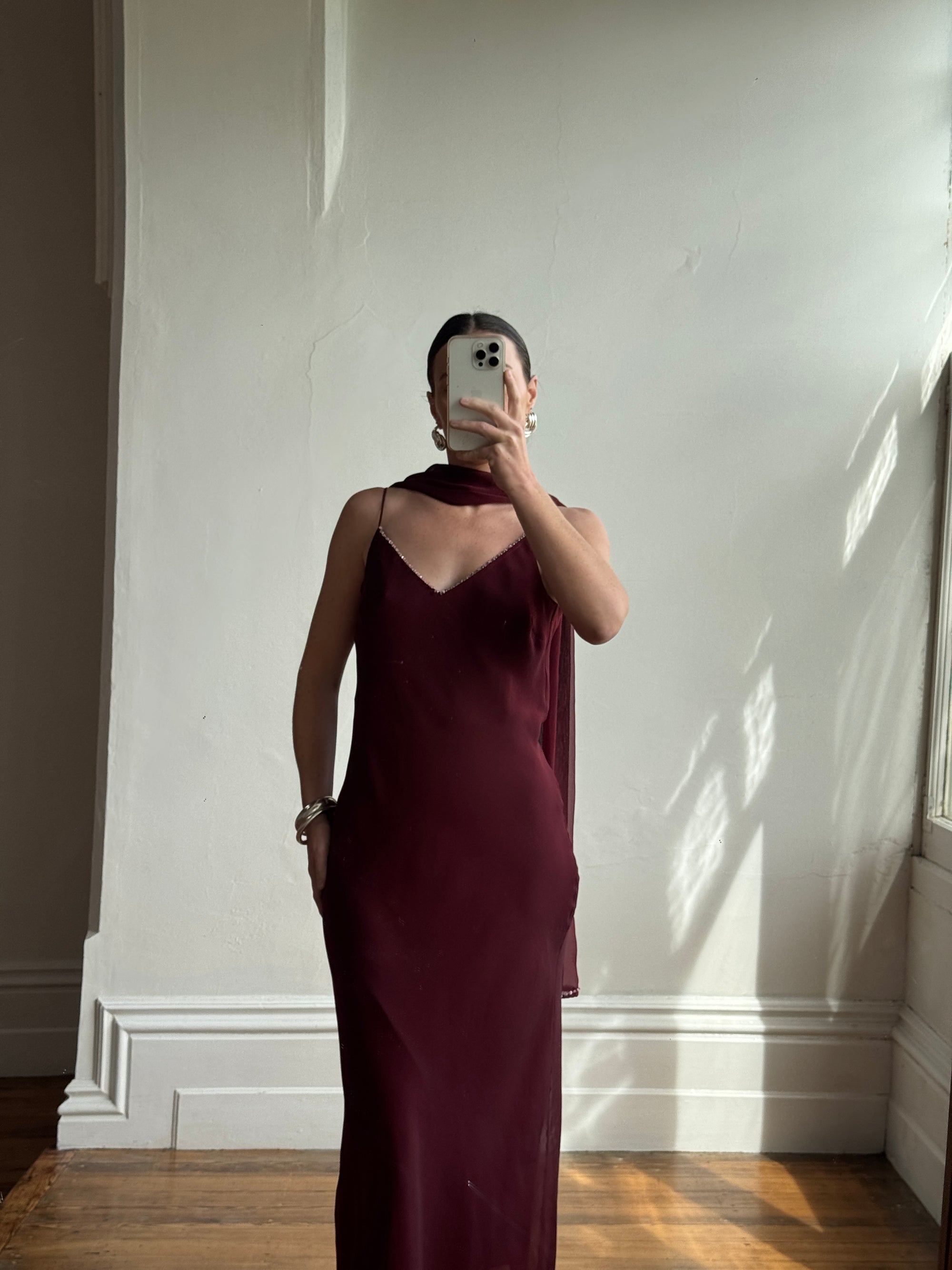 Vintage 90s Burgundy Slip Dress With Pink Sequins and Scarf