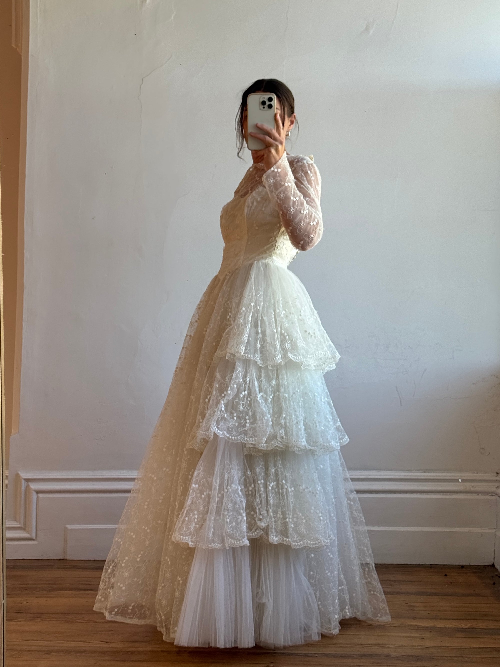 Vintage 70s Tiered Lace and Tulle Long Sleeved Wedding Gown