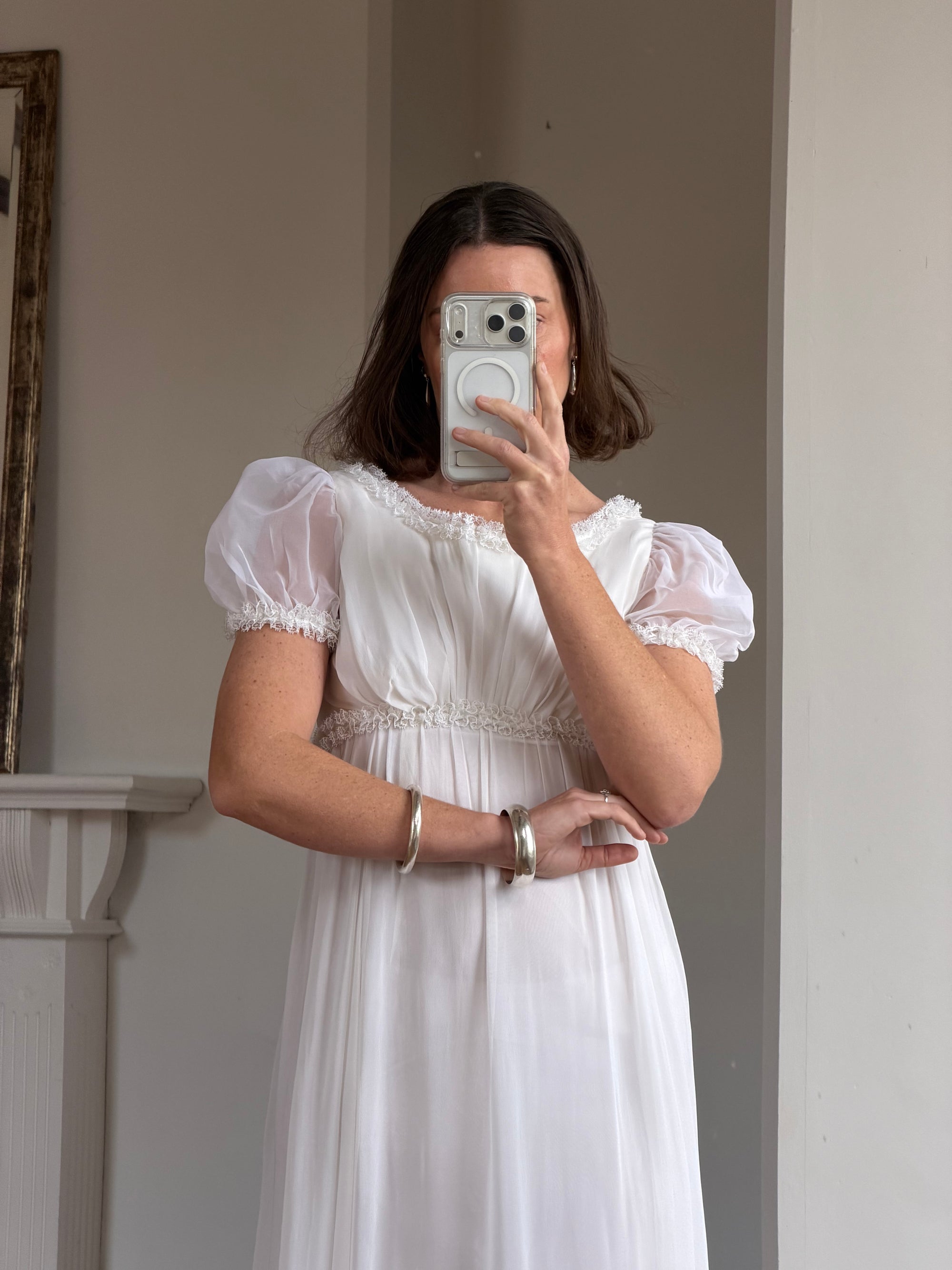 Vintage 70s White Chiffon Smocked Puff Sleeve Wedding Dress