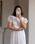 Vintage 70s White Chiffon Smocked Puff Sleeve Wedding Dress