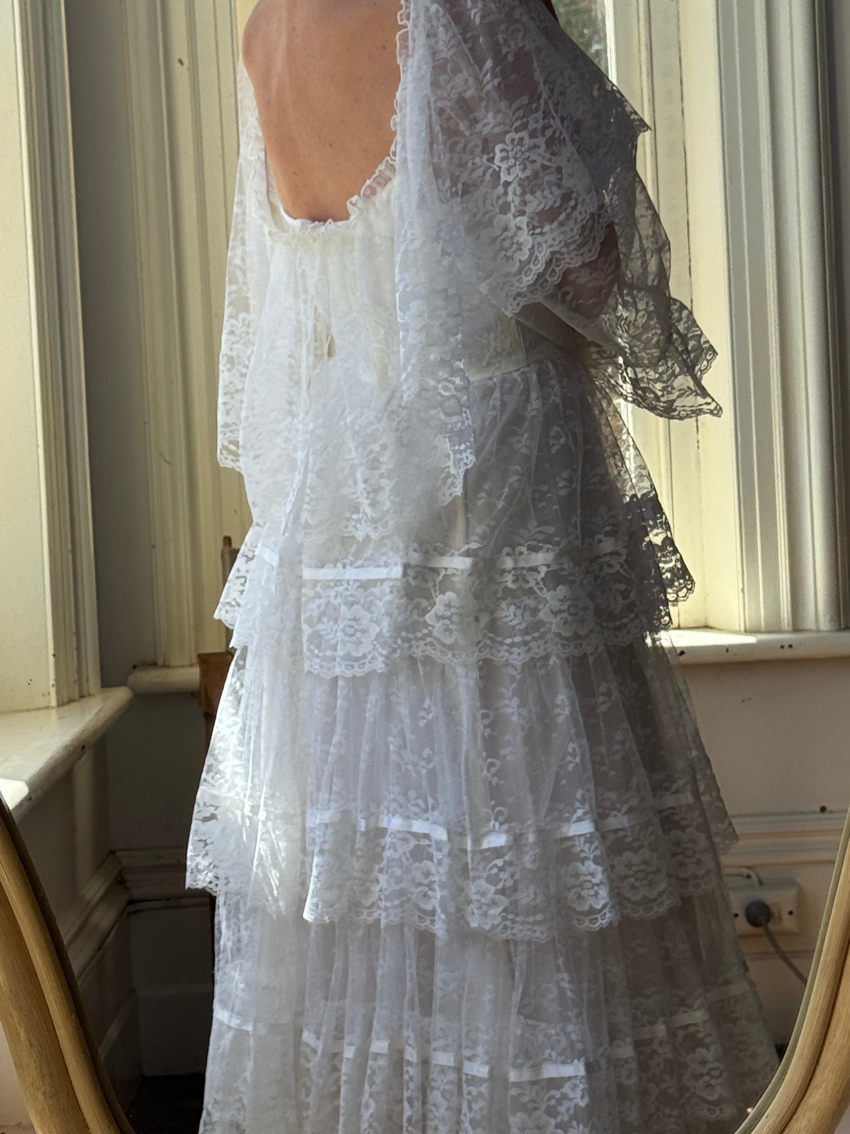 Vintage 70s Tiered Lace Ruffle Wedding Gown
