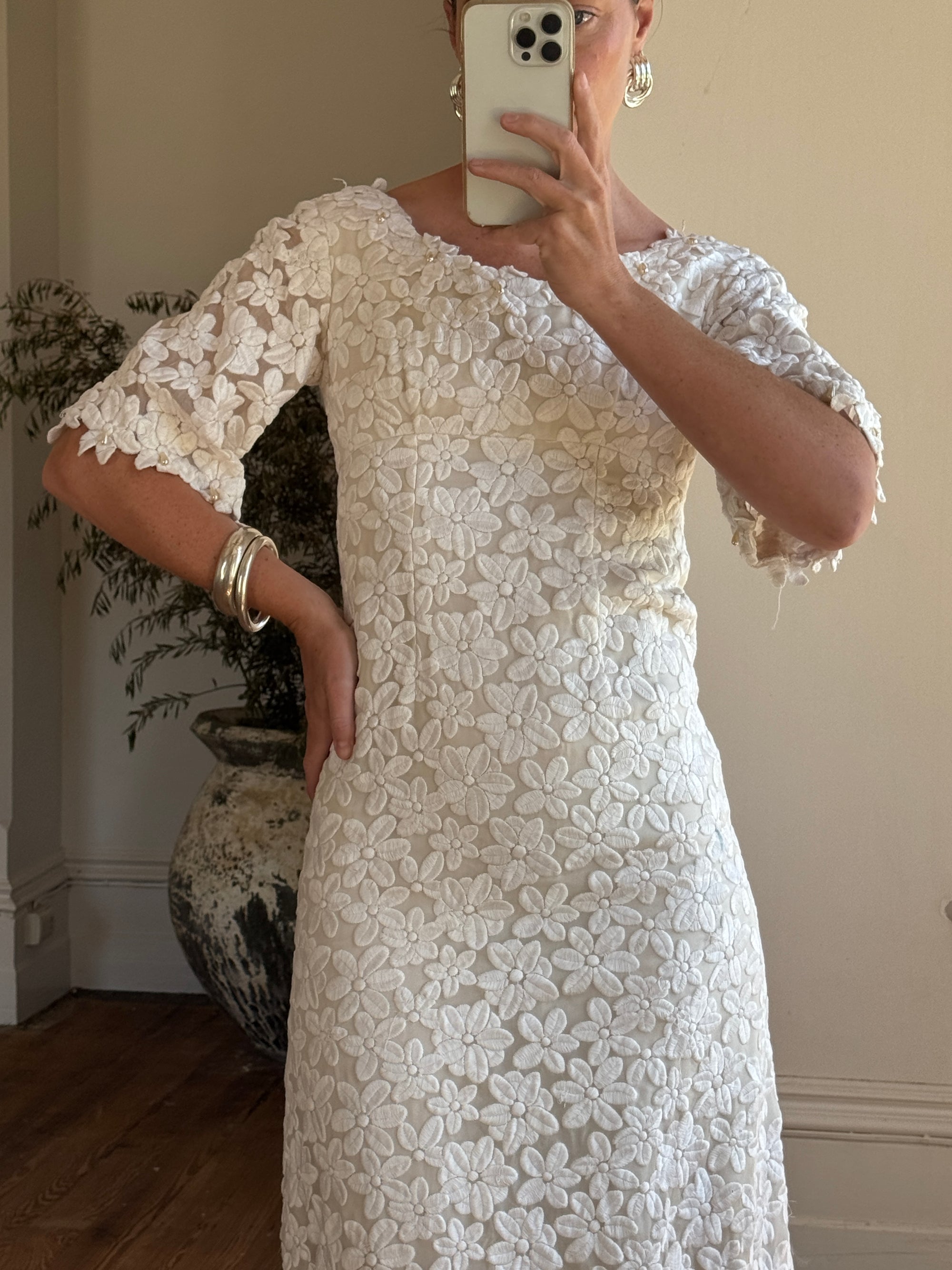 Vintage 60s Embroidered Floral Bridal Midi