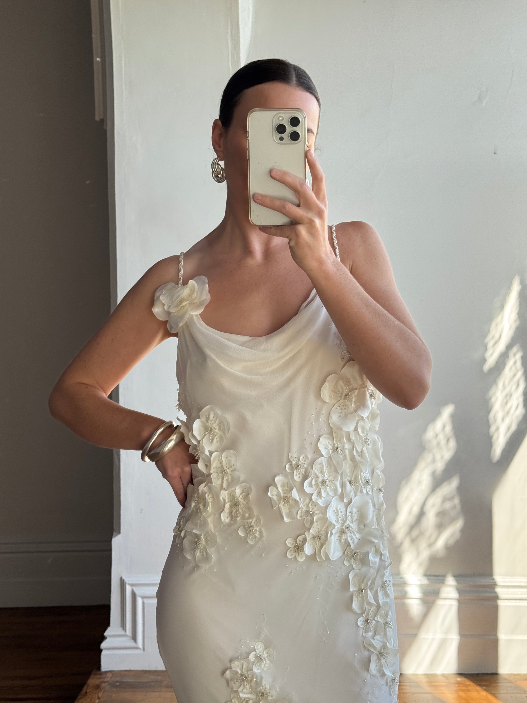 Vintage 90s Pure Silk 3D Floral Fairy Dress Ivory