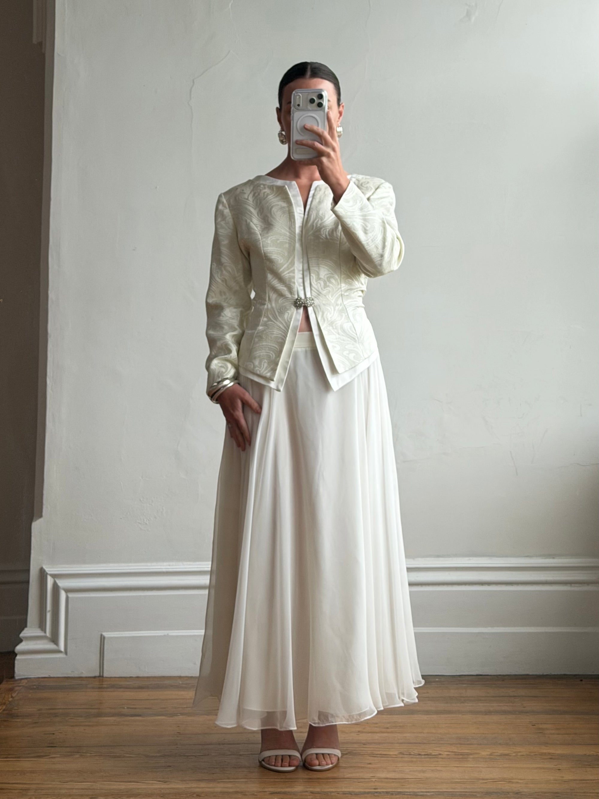 Vintage 90s Jacquard Rhinestone Jacket and Chiffon Bridal Skirt Set