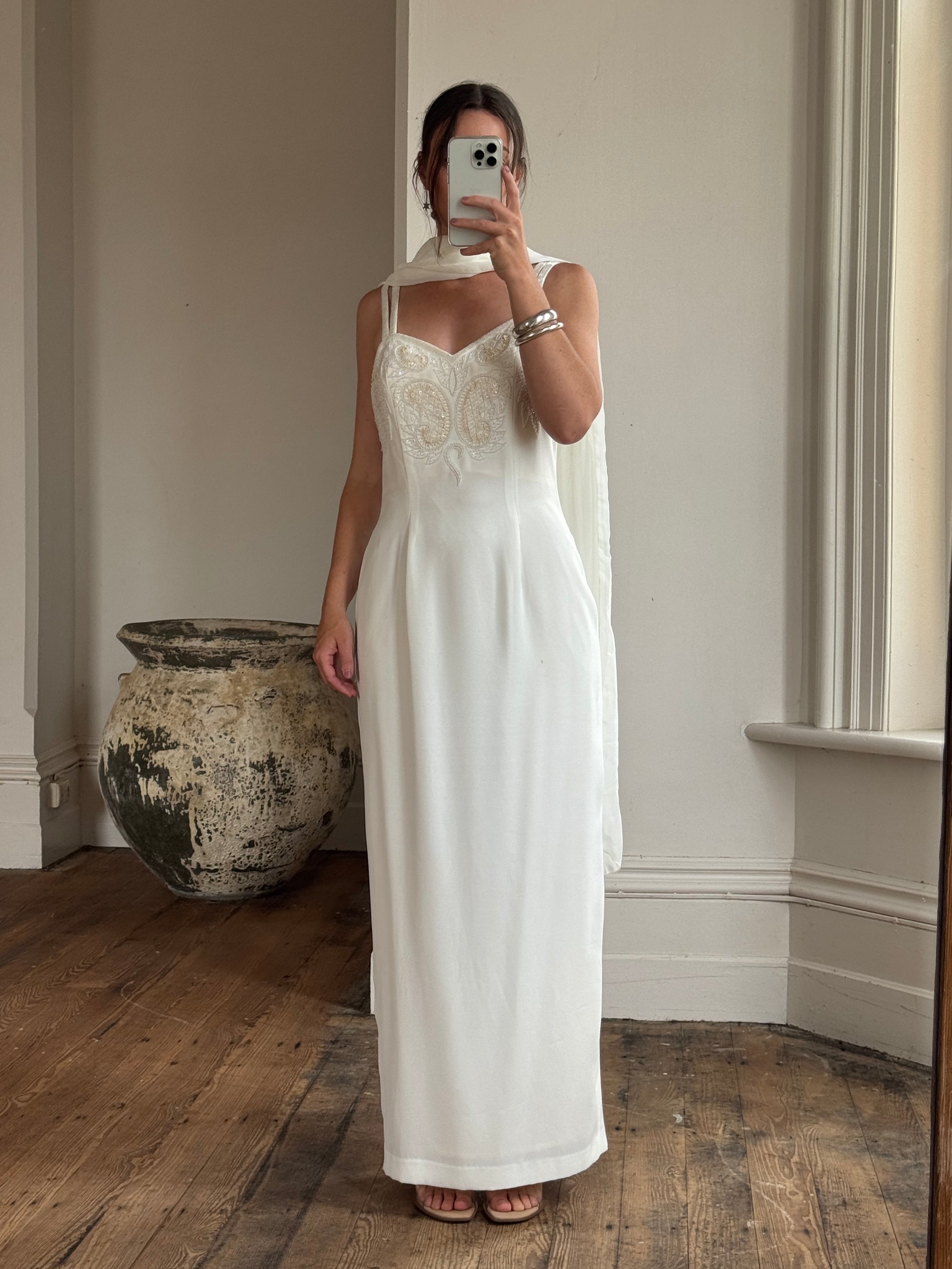 Vintage 90s Crepe Beaded Column Bridal Slip