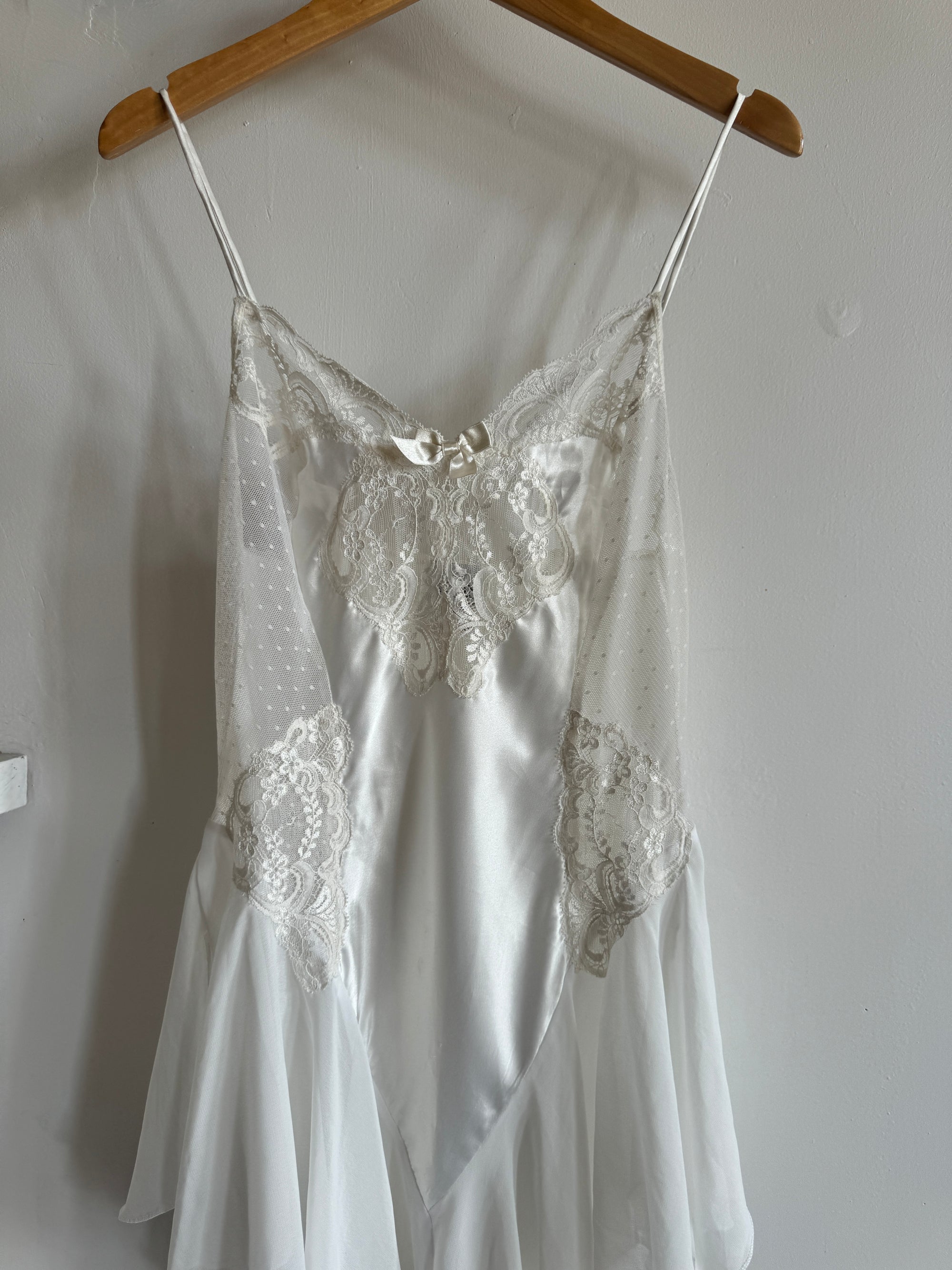 Vintage Asymmetrical Lace Panelled Satin Slip Mini White