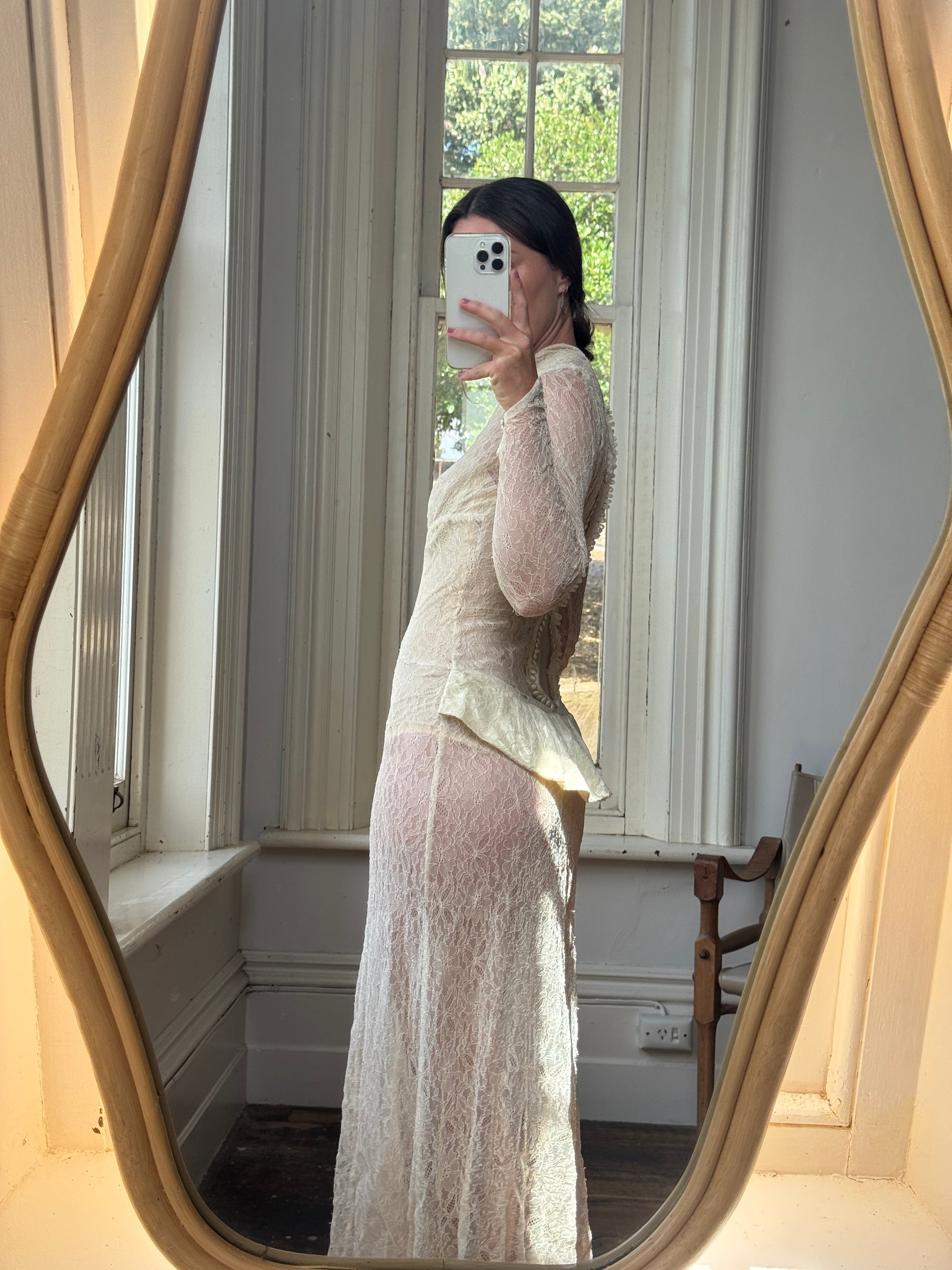 Vintage 20s Sheer Lace Bias Cut Wedding Gown