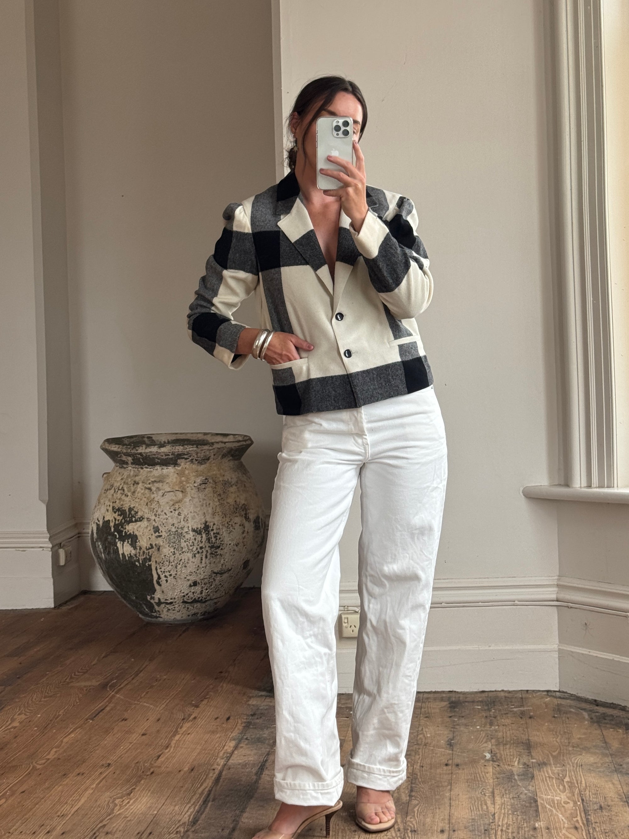 Vintage 90s Wool Blend Plaid Cropped Blazer