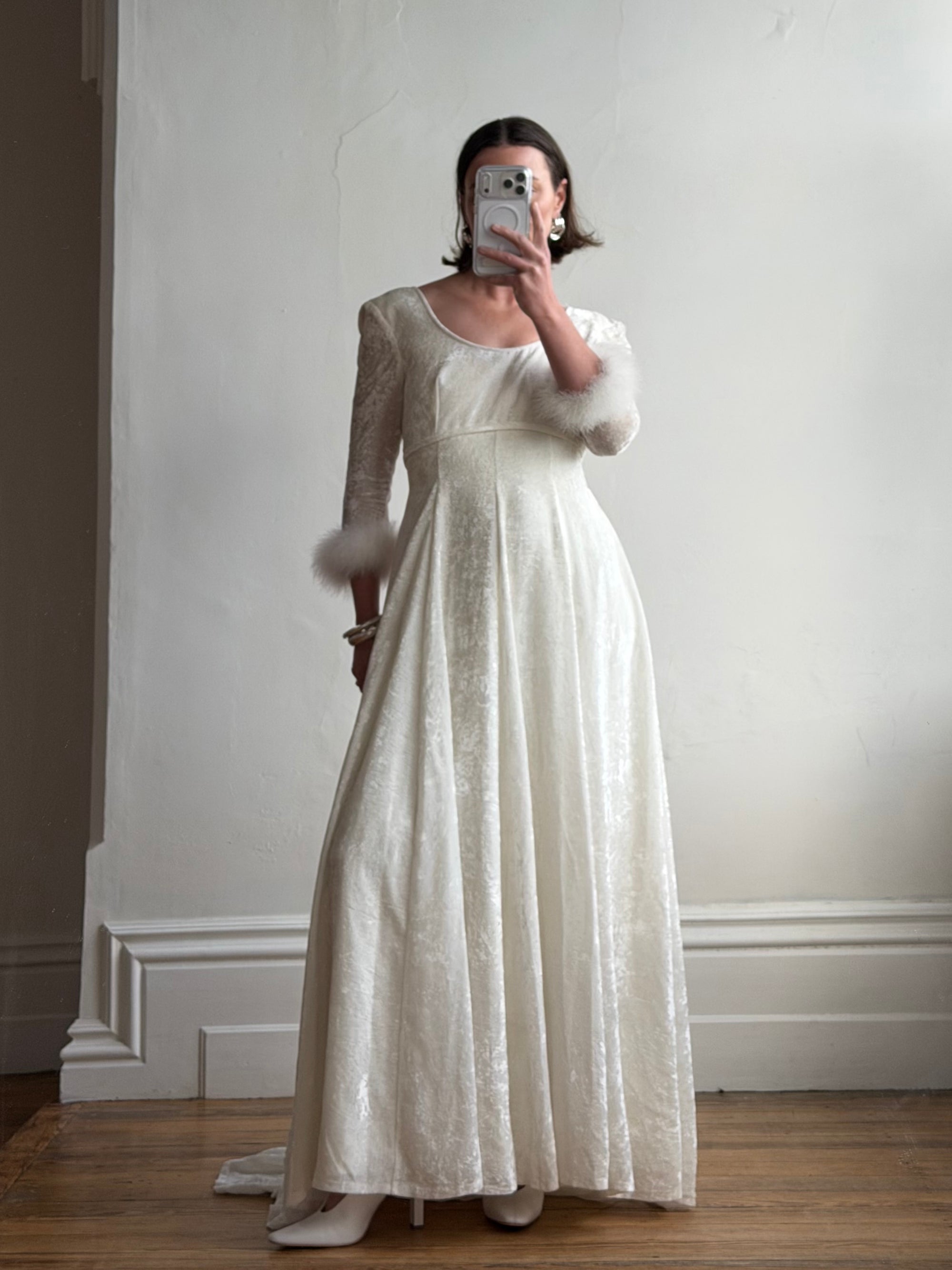 Vintage 90s Italian Velvet Long Sleeve Feather Wedding Gown