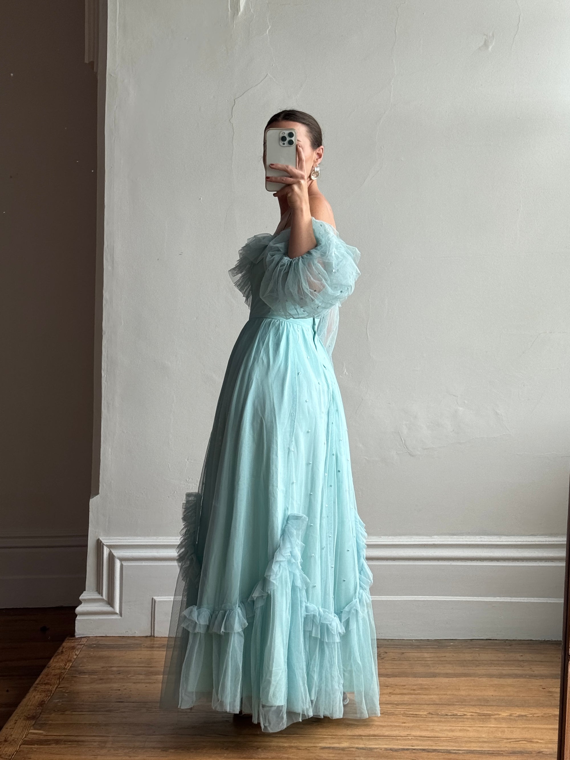 Vintage 80s Sky Blue Tulle Off Shoulder Party Dress