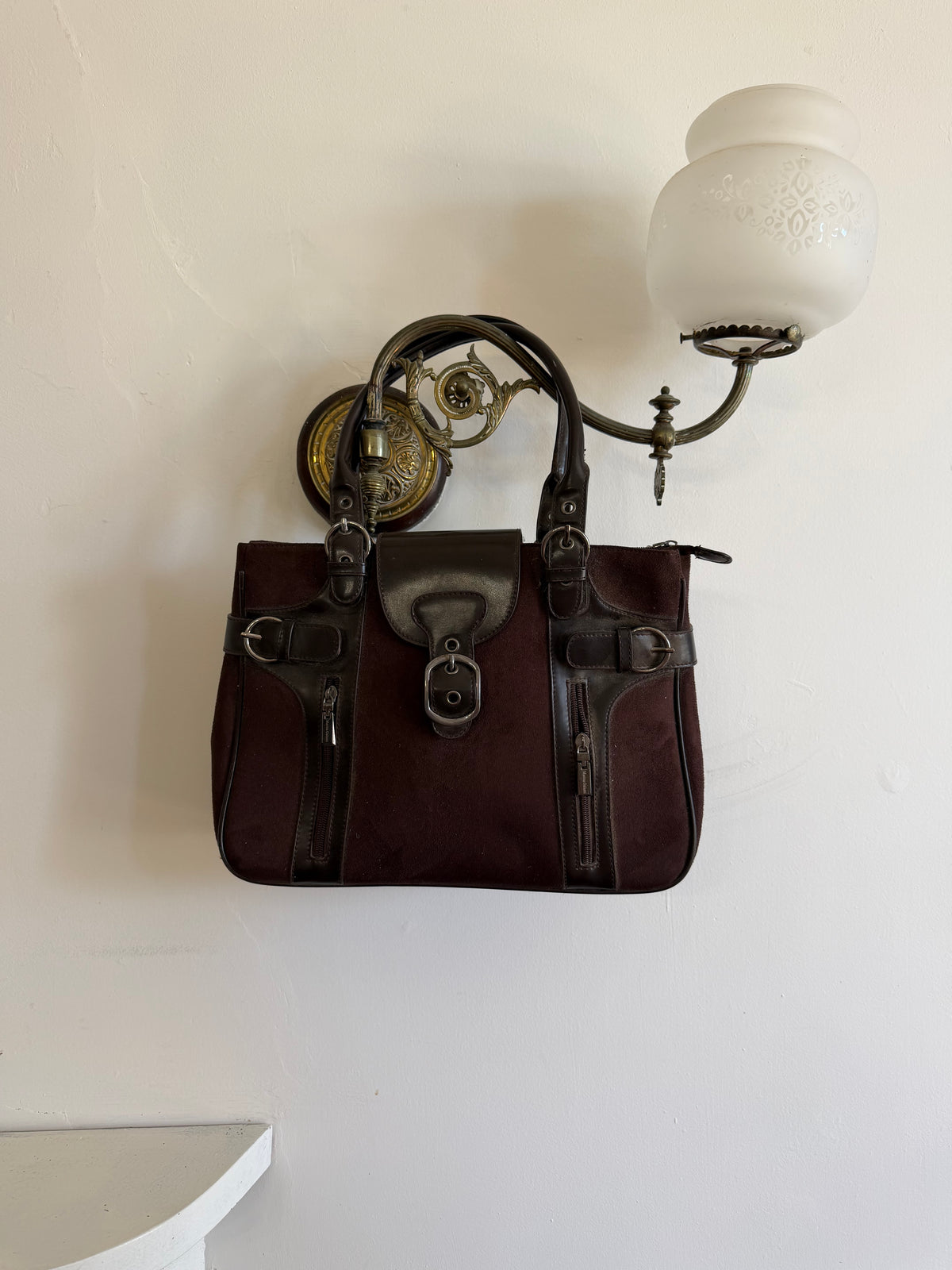 Vintage 90s Chocolate Suede Leather Buckle Handbag