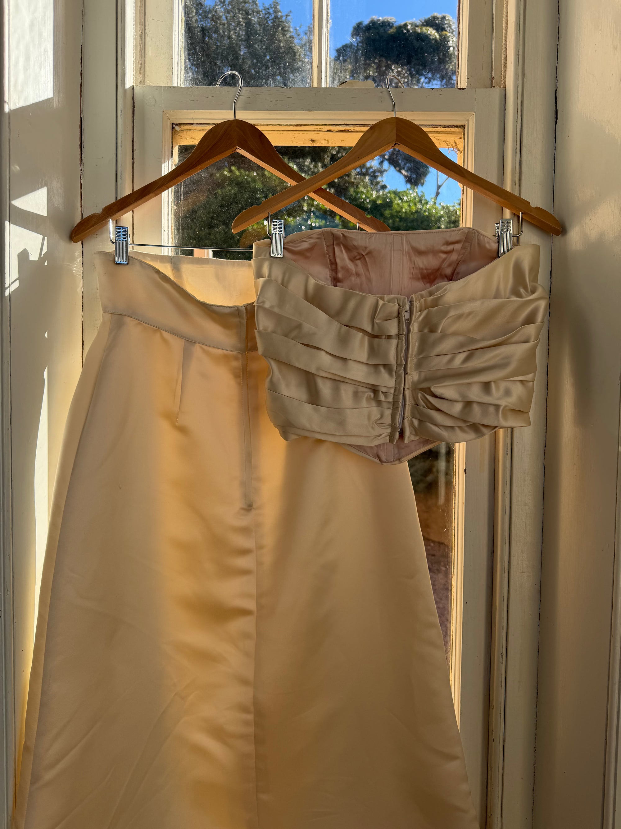 Vintage 90s Ruched Satin Two Piece Bridal Set Champagne