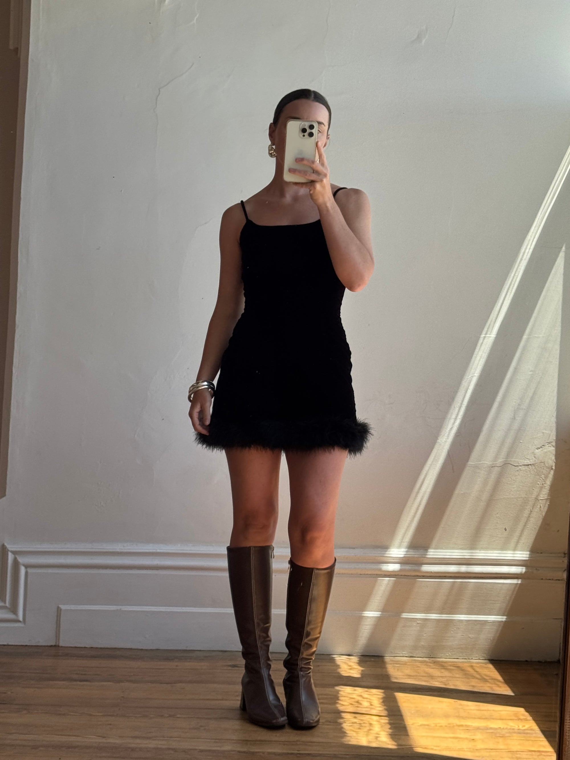 Vintage 90s Velvet Ostrich Feather Micro Mini Noir