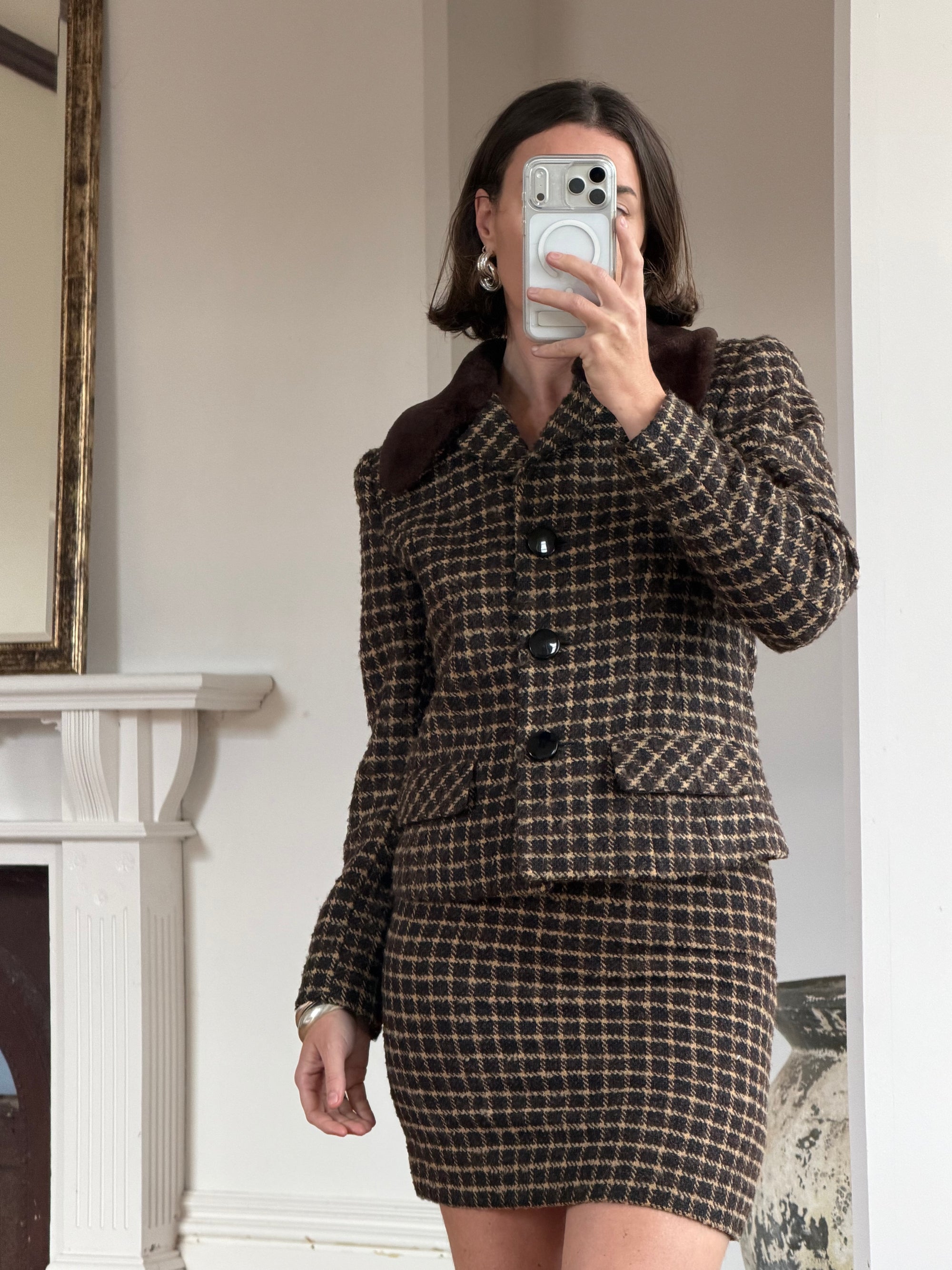 Vintage 90s Italian Chocolate Plaid Twin Faux Fur Set