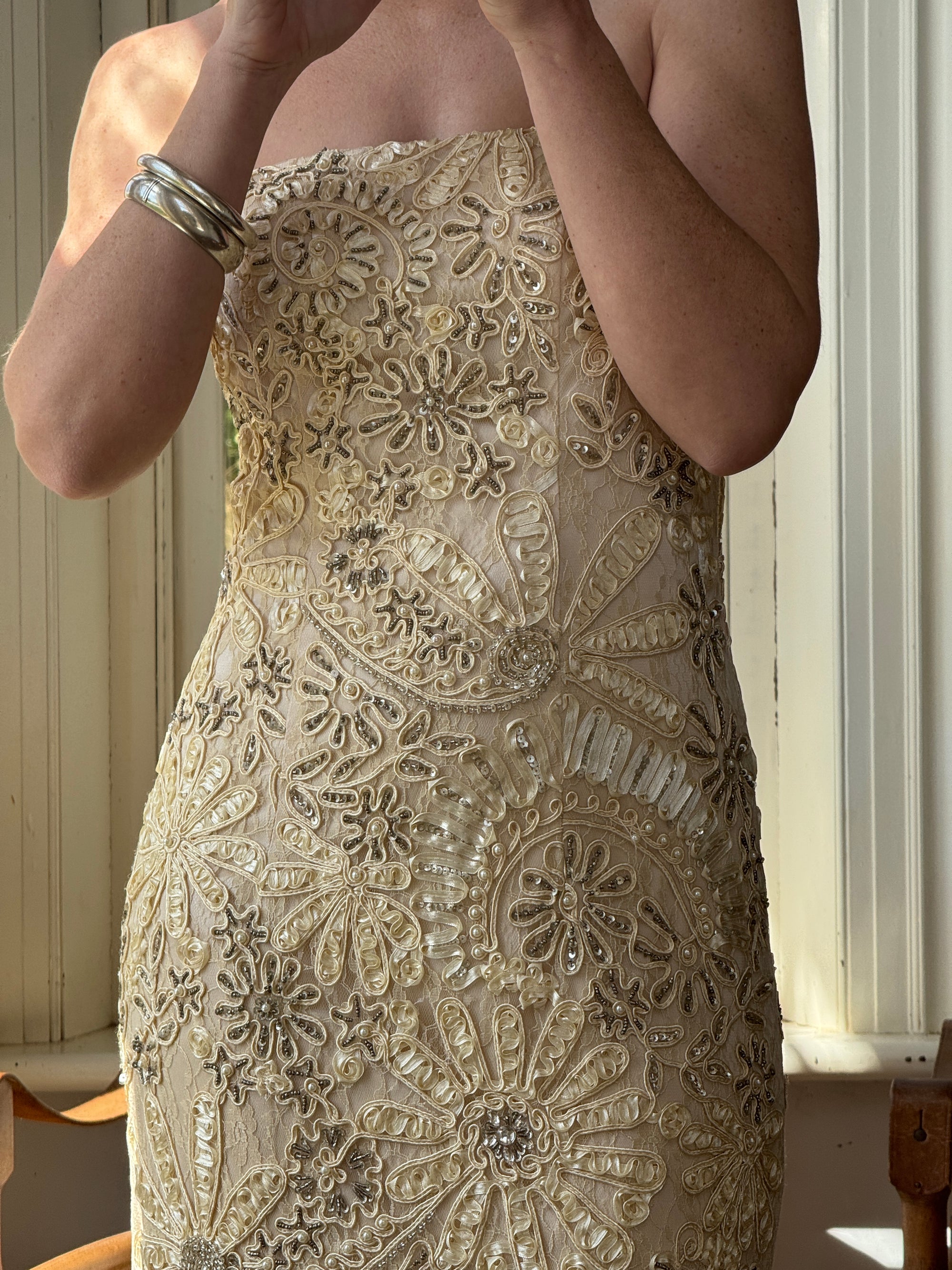 Vintage 90s Strapless Cream Ribbon Bead Embroidered Midi