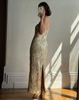 Vintage 90s Strapless Cream Ribbon Bead Embroidered Midi