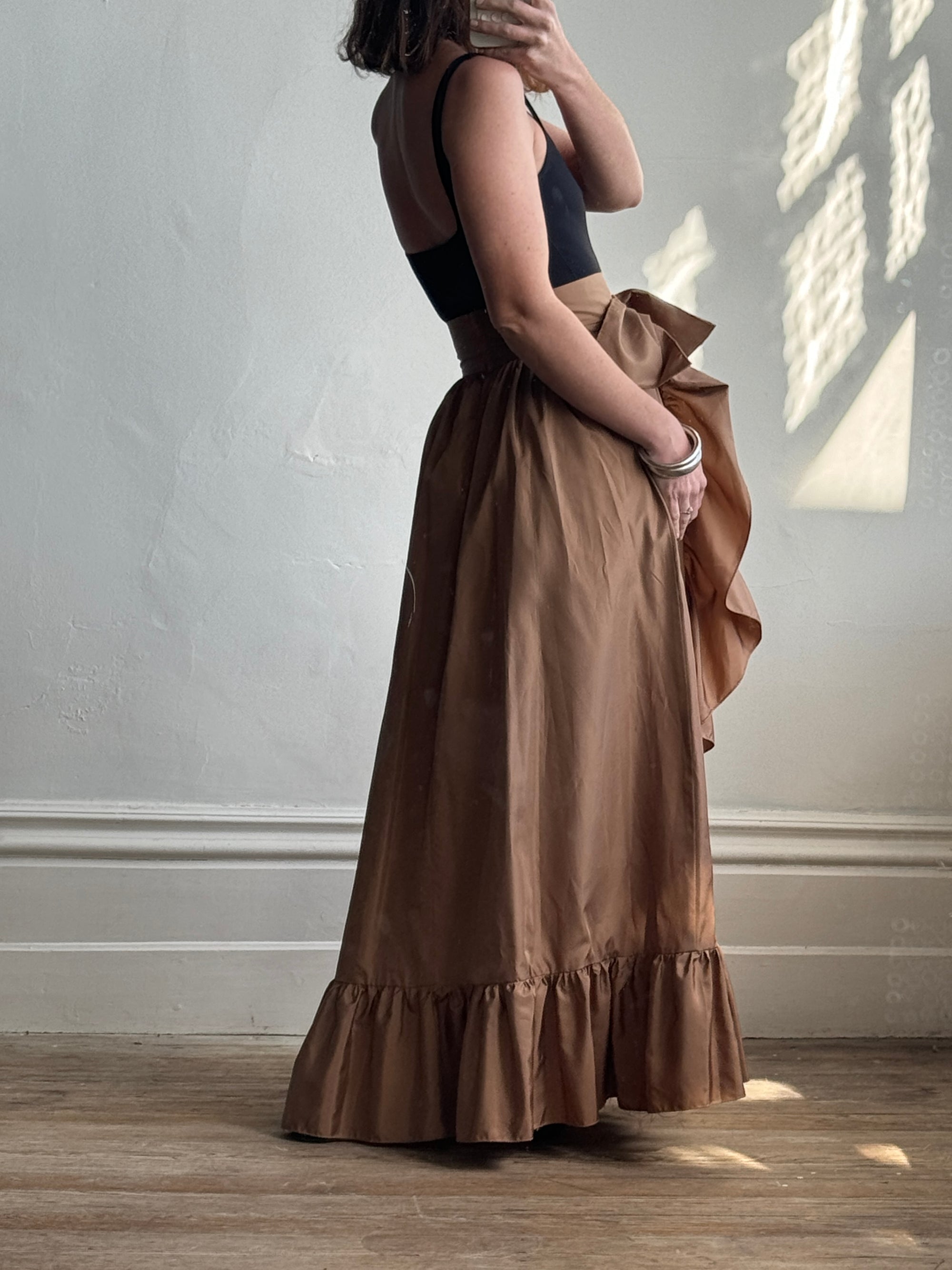 Vintage 80s Taffeta Frill Maxi Skirt Latte