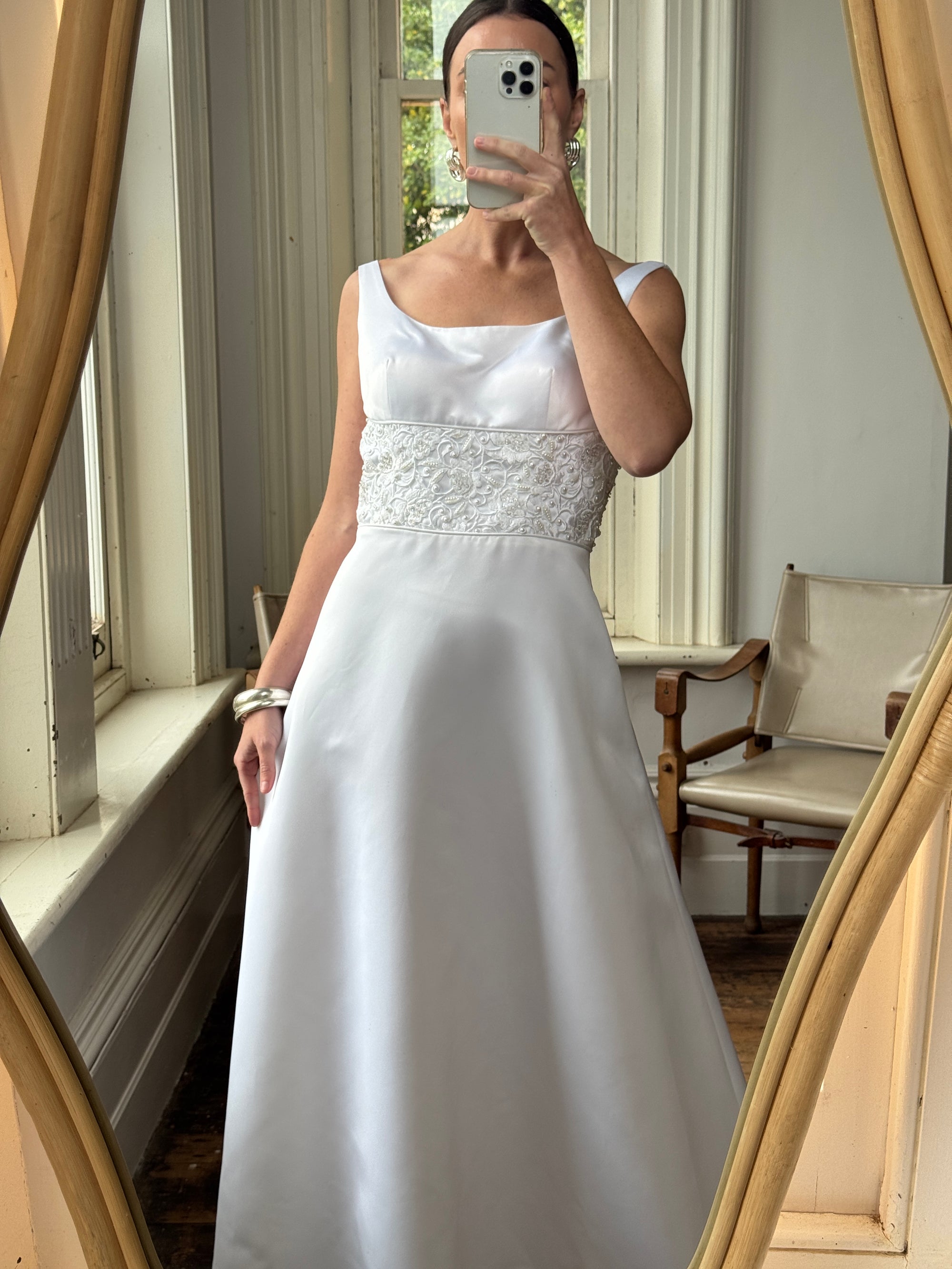 Vintage 90s Scoop Neck Beaded Satin Wedding Gown