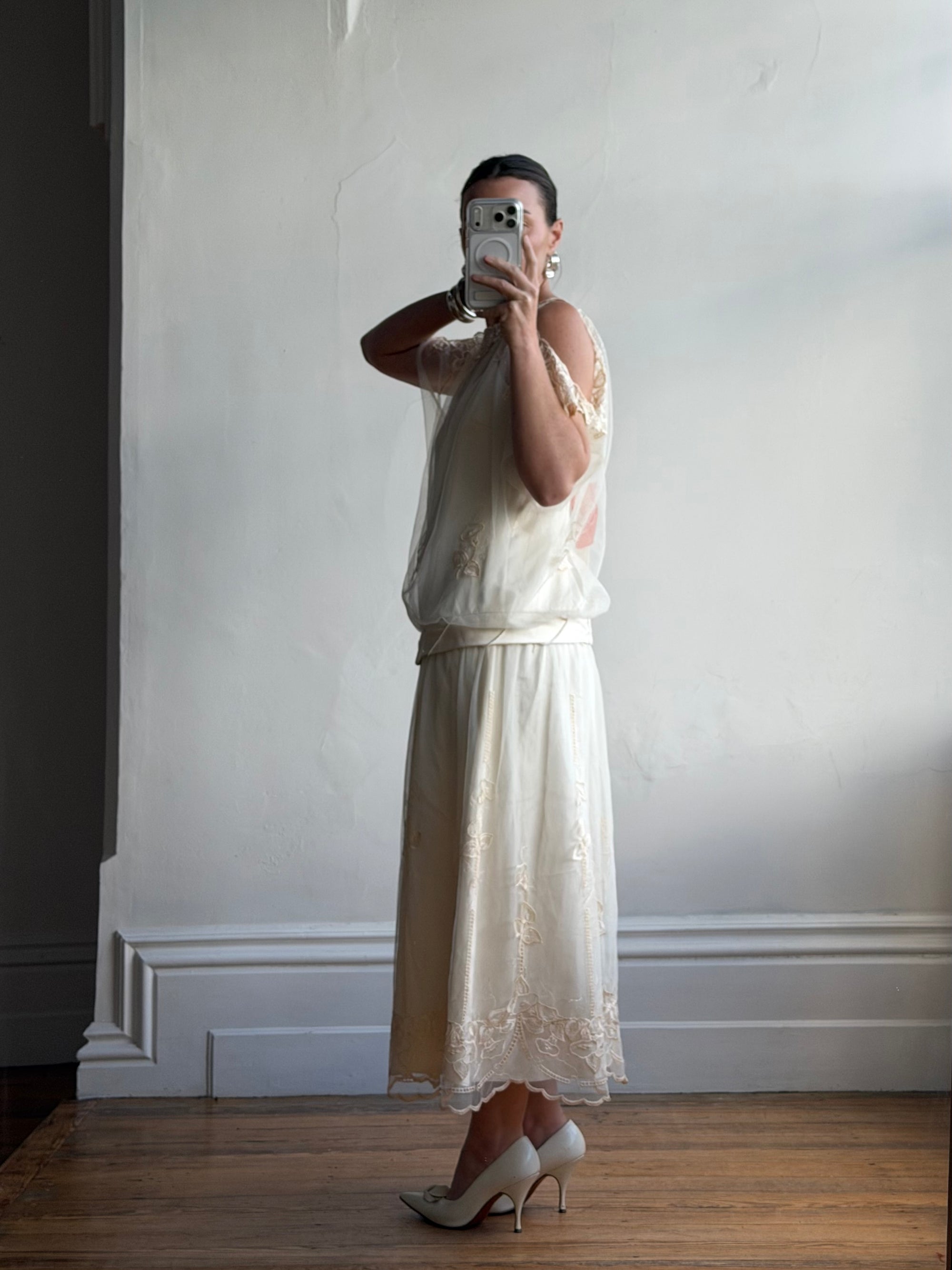 Vintage 80s Drop Waist Floral Sheer Midi Dress Creme
