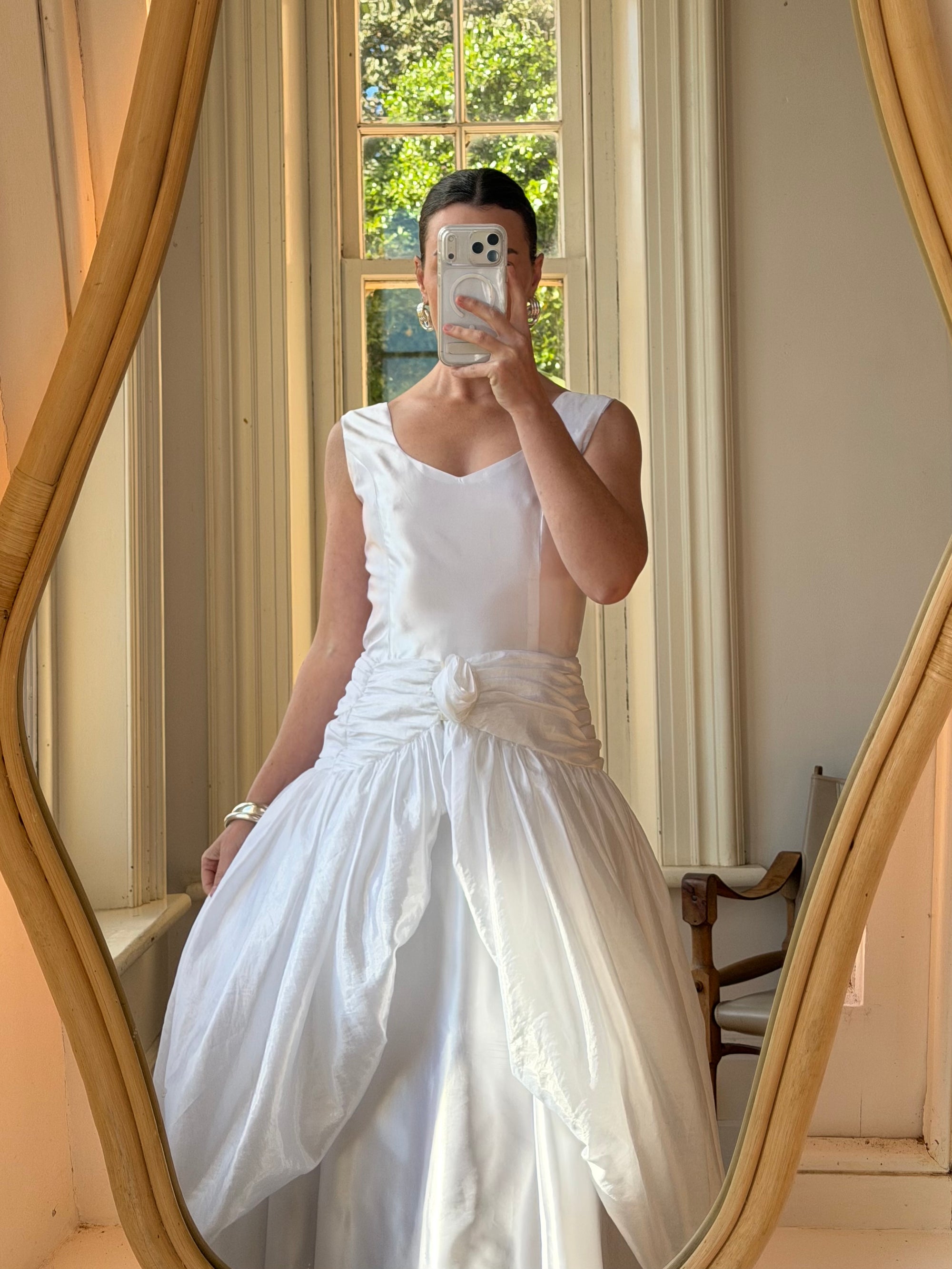 Vintage 90s Strappy Wedding Dress With Rosette Cape Pearl