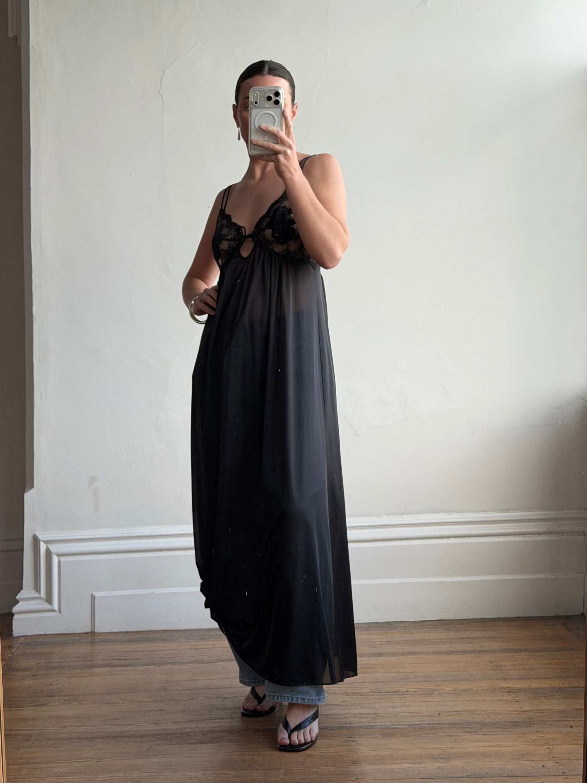 Vintage 80s Sheer Lace Slip Dress Noir