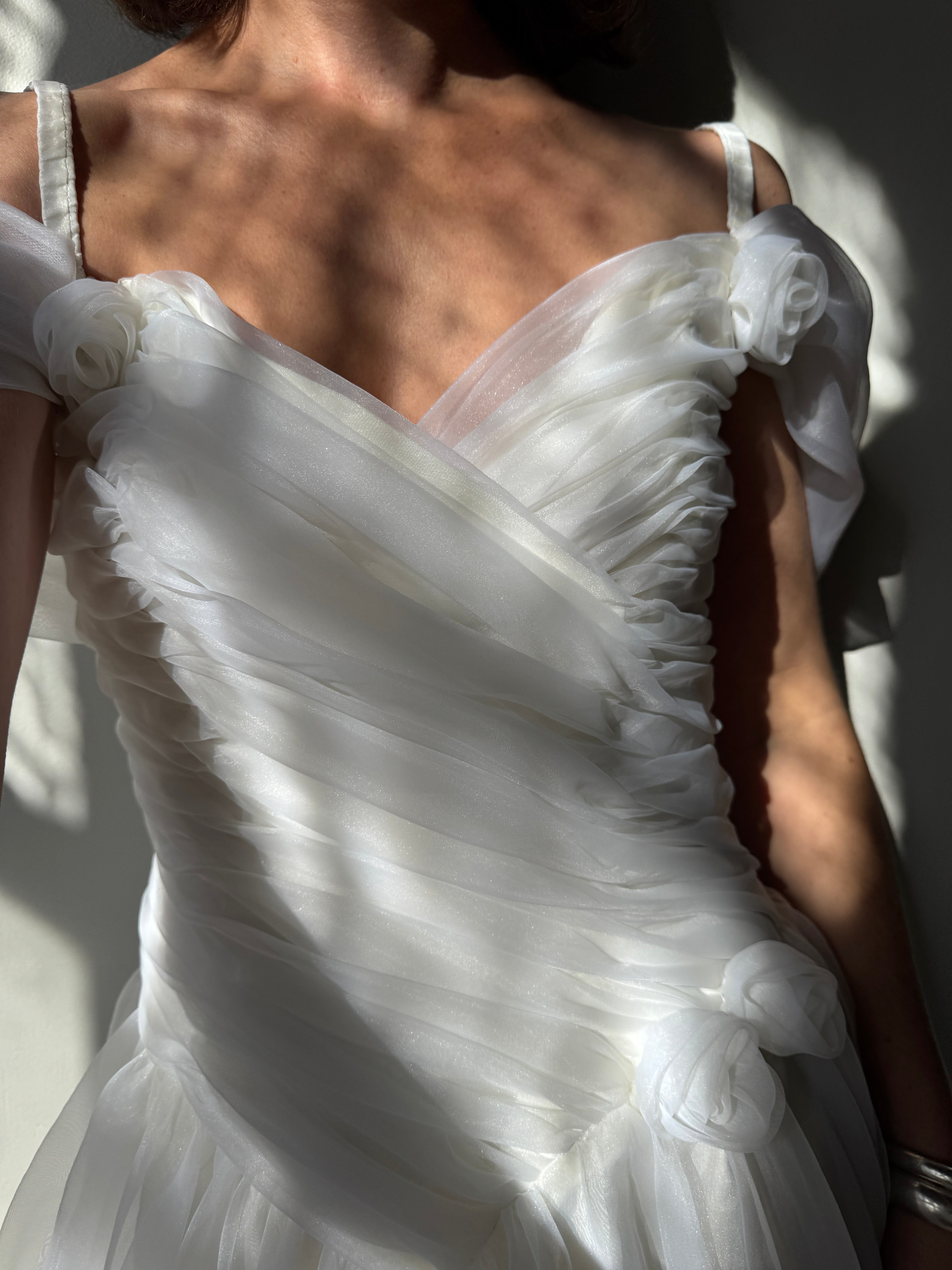 Vintage 80s Chiffon Rosette Off Shoulder Wedding Dress